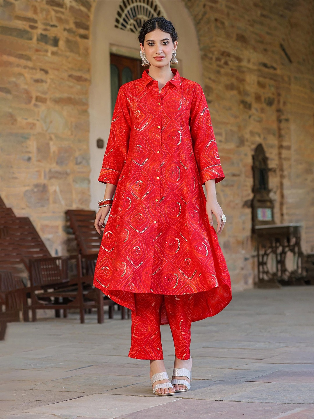 

SCAKHI Bandhani Printed Shirt Collar A-Line Kurta With Trousers, Red