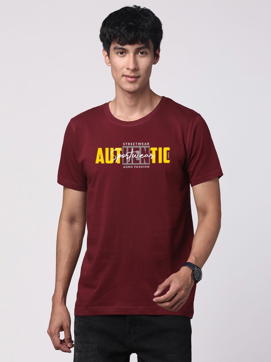 

ADRO Men Graphic Printed Round Neck Cotton T-shirt, Maroon