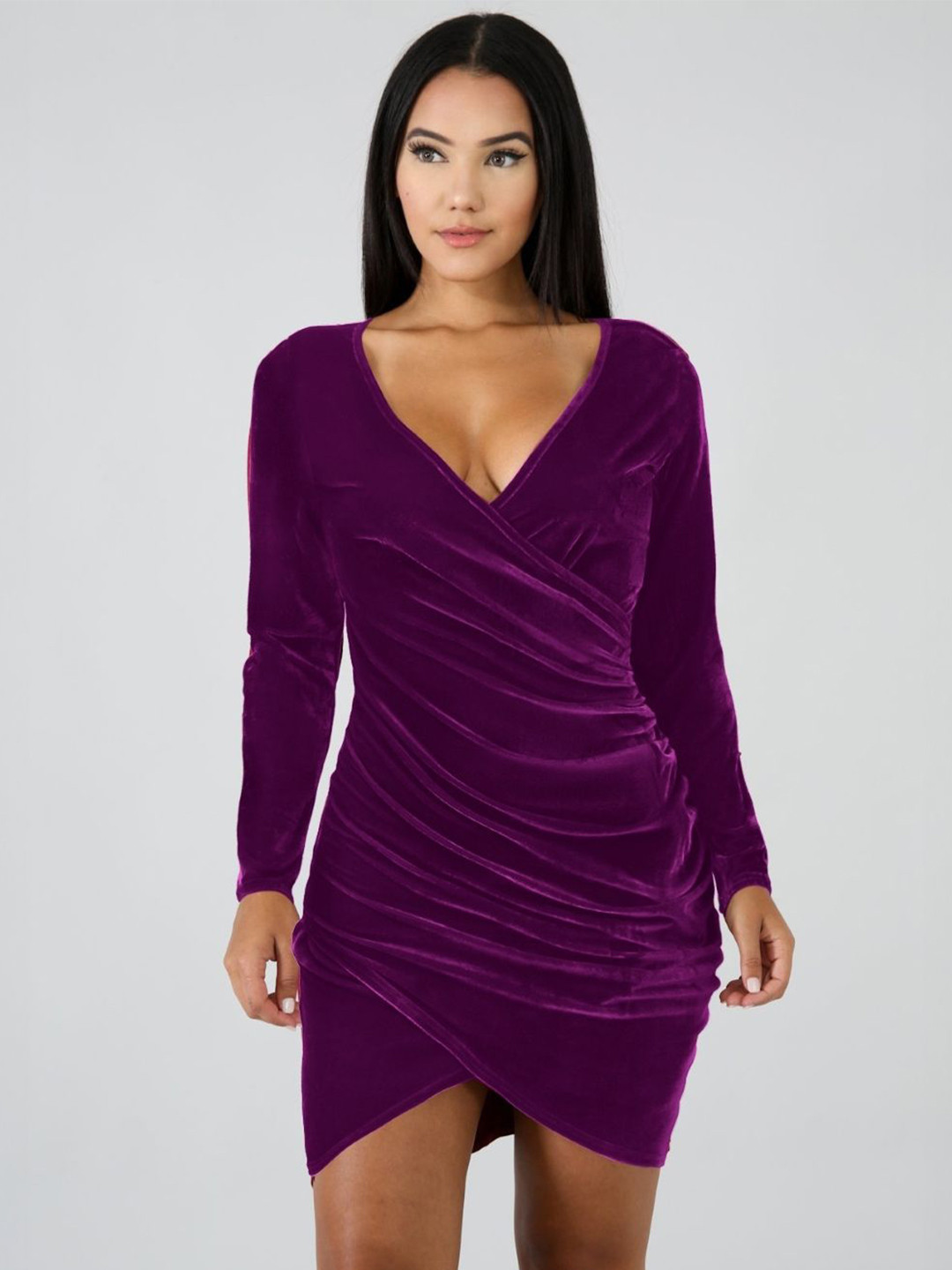 

KPOP Solid V-Neck Wrap Dress, Purple