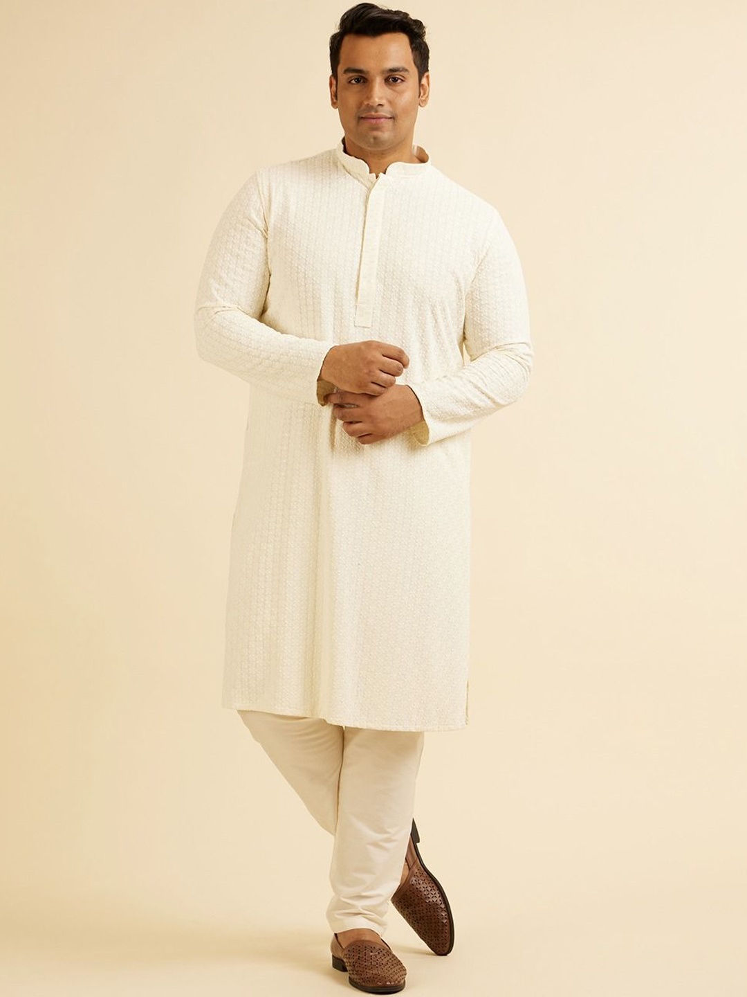 

Manyavar Plus Size Ethnic Motifs Embroidered Sequinned Kurta with Pyjamas, Cream