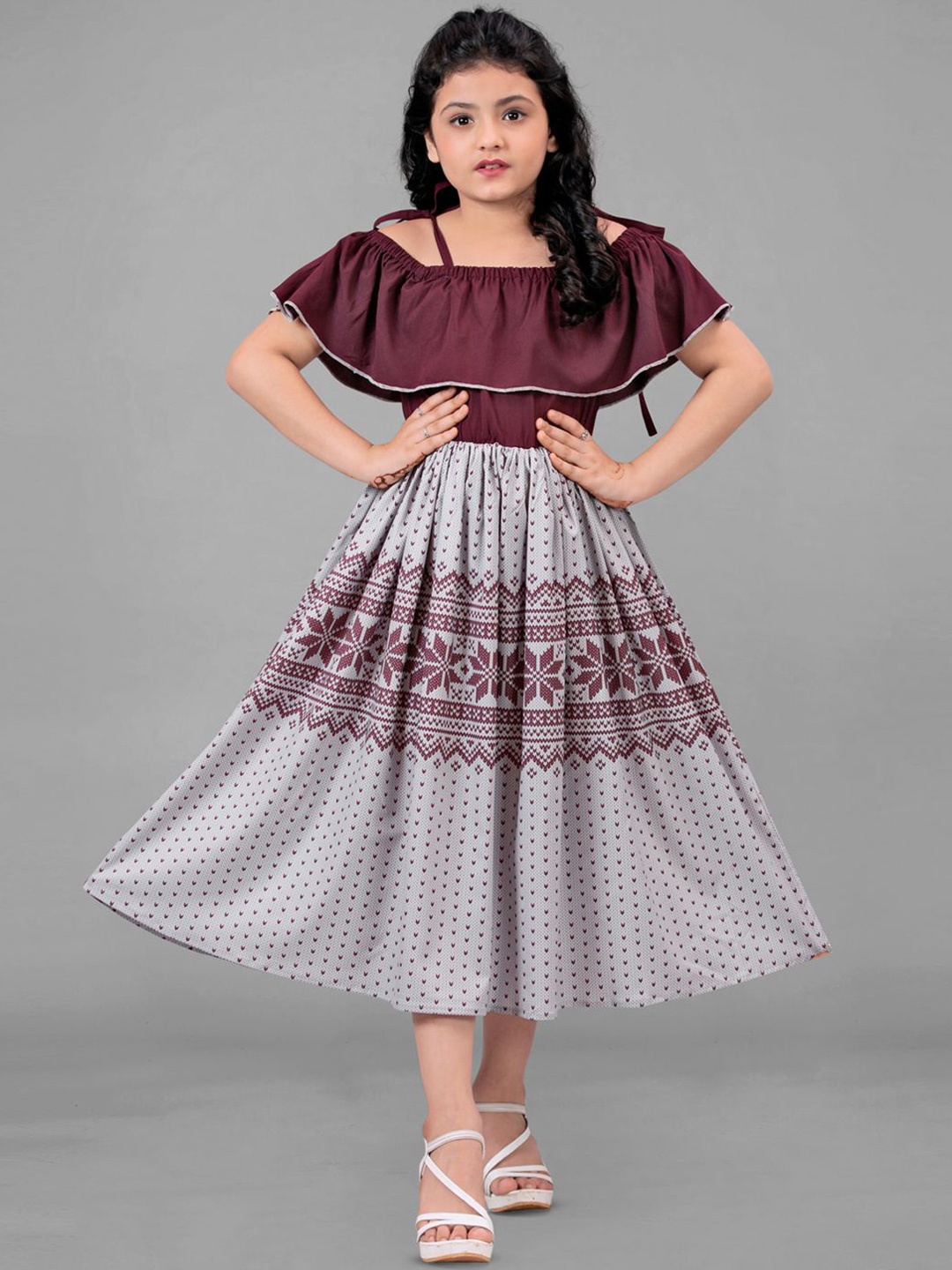 

BAESD Print Off-Shoulder Crepe Fit & Flare Midi Dress, Maroon