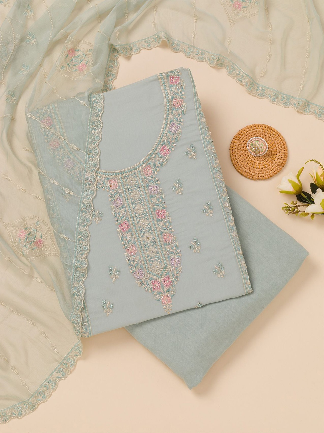 

Koskii Floral Embroidered Zari Unstitched Dress Material, Blue