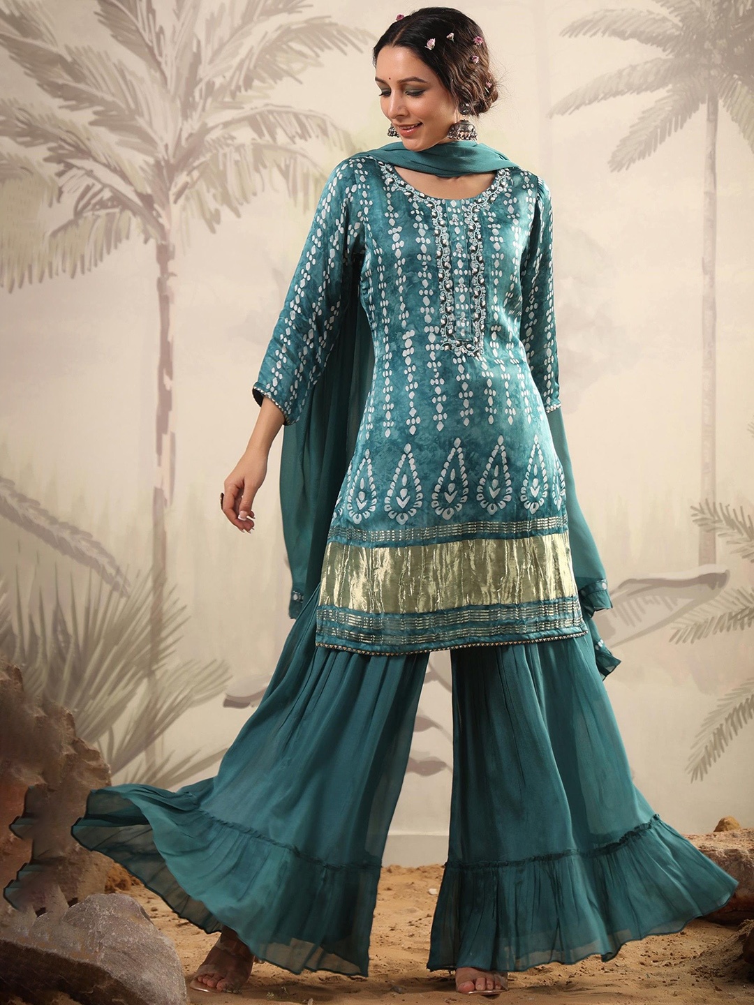 

SCAKHI Ethnic Motifs Printed Beads and Stones Kurti with Sharara & Dupatta, Teal