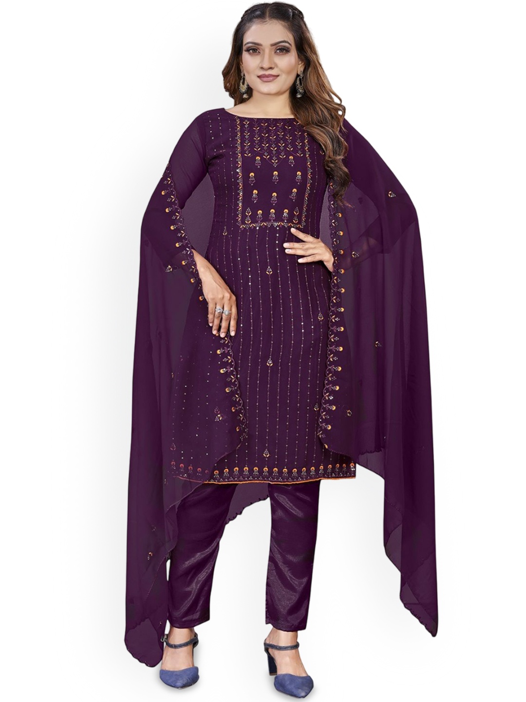 

LADY SHOPI Embellished Silk Georgette Unstitched Dress Material, Purple