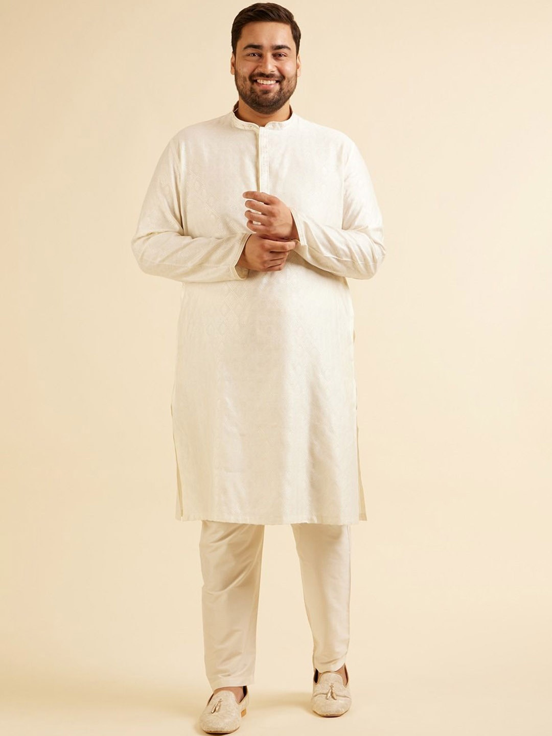 

Manyavar Plus Size Ethnic Motifs Woven Design Regular Thread Work Kurta With Pyjama, Cream