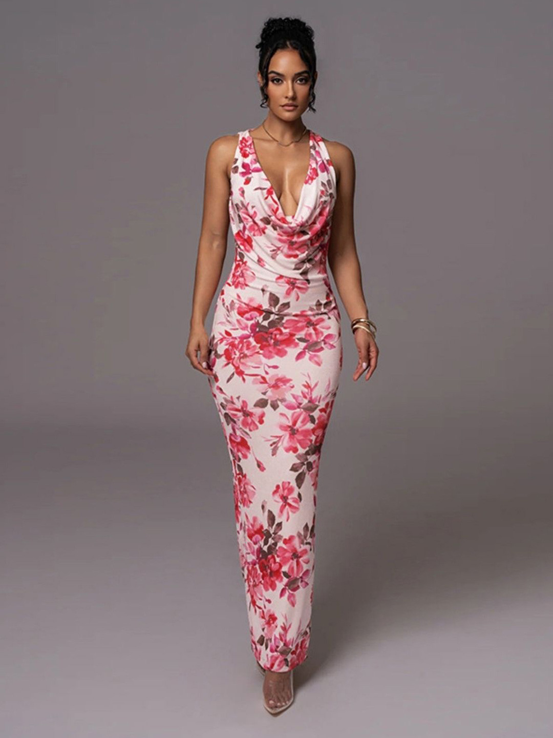 

KPOP Women Floral Printed Cowl Neck Bodycon Maxi Dress, Pink