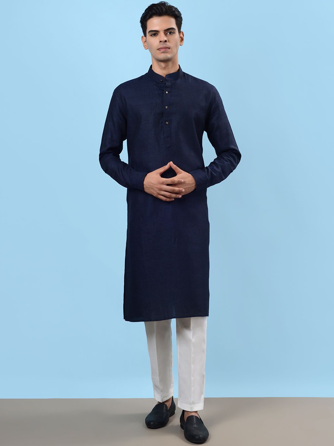 

azania Mandarin Collar Linen Straight Kurta with Pyjamas, Navy blue