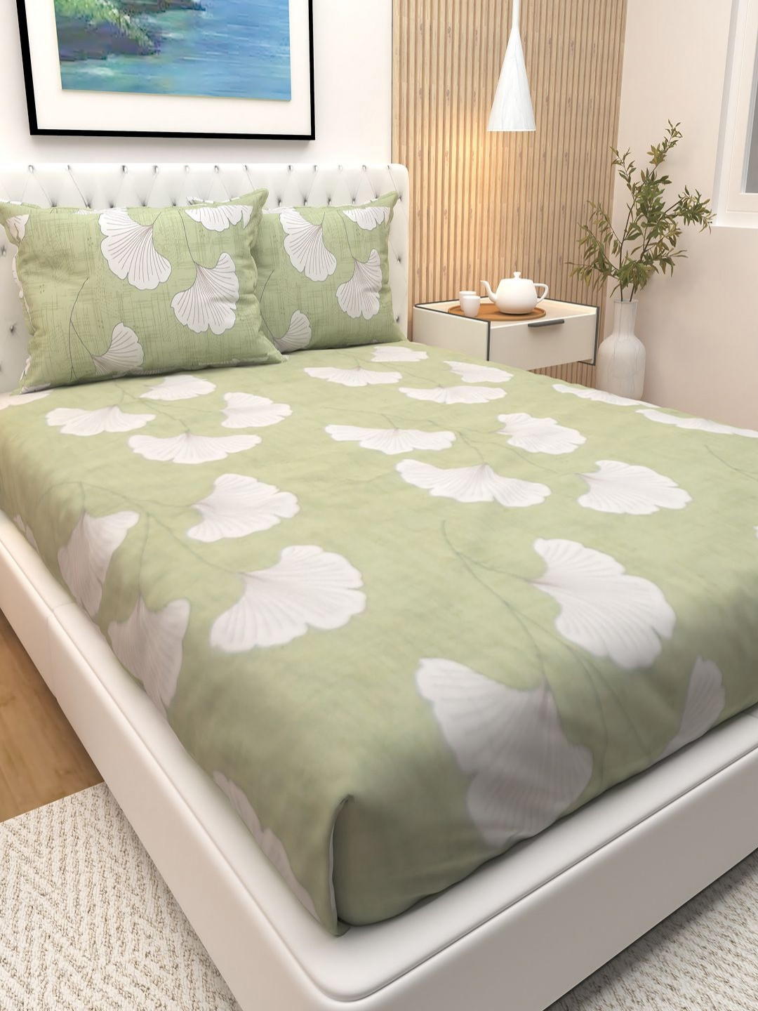 

Athom Living Green & White Floral Printed Cotton 180 TC Queen Bedsheet & 2 Pillow Covers