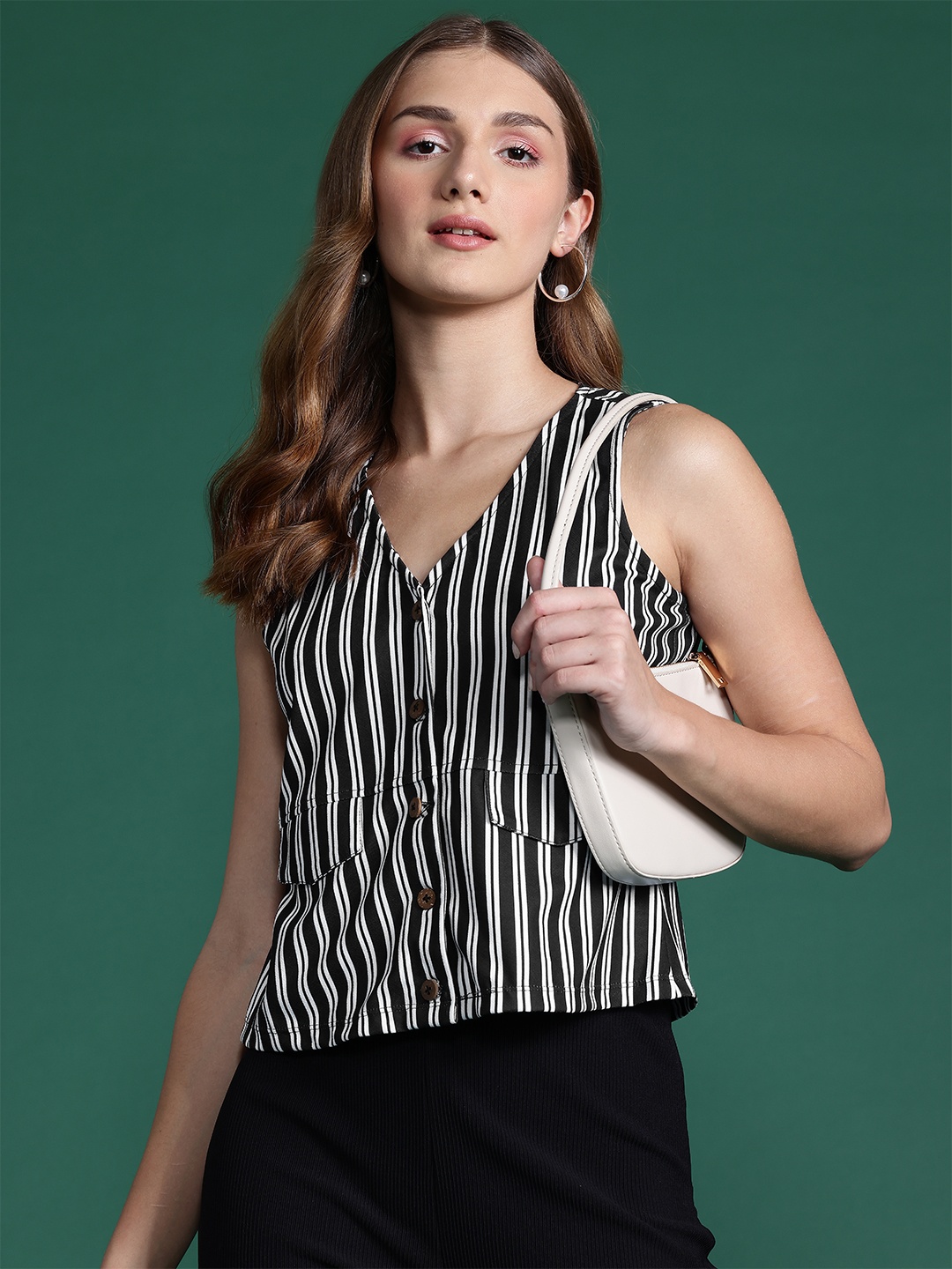 

DressBerry Bizwear Striped Monochrome Shirt Style Top, Black