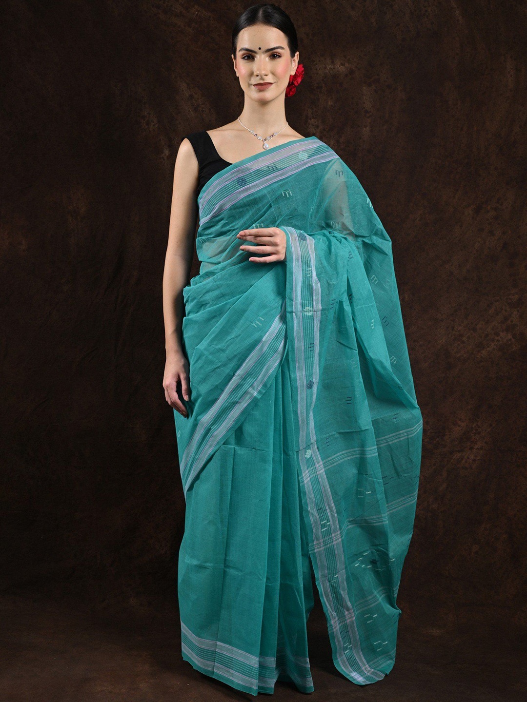 

Exotic India Woven Design Pure Cotton Daily Jamdani Saree, Sea green
