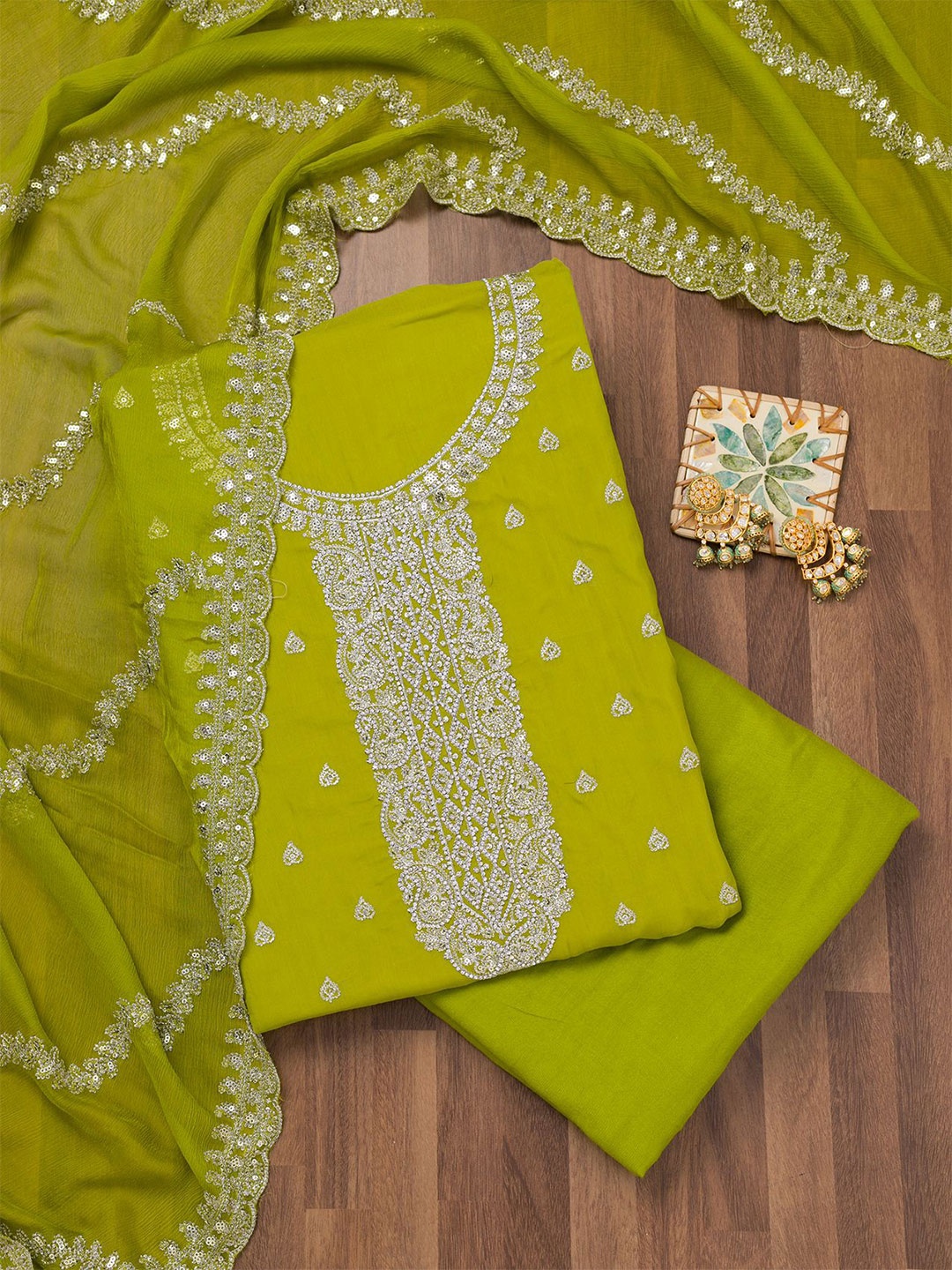 

Koskii Floral Embroidered Zari Unstitched Dress Material, Green