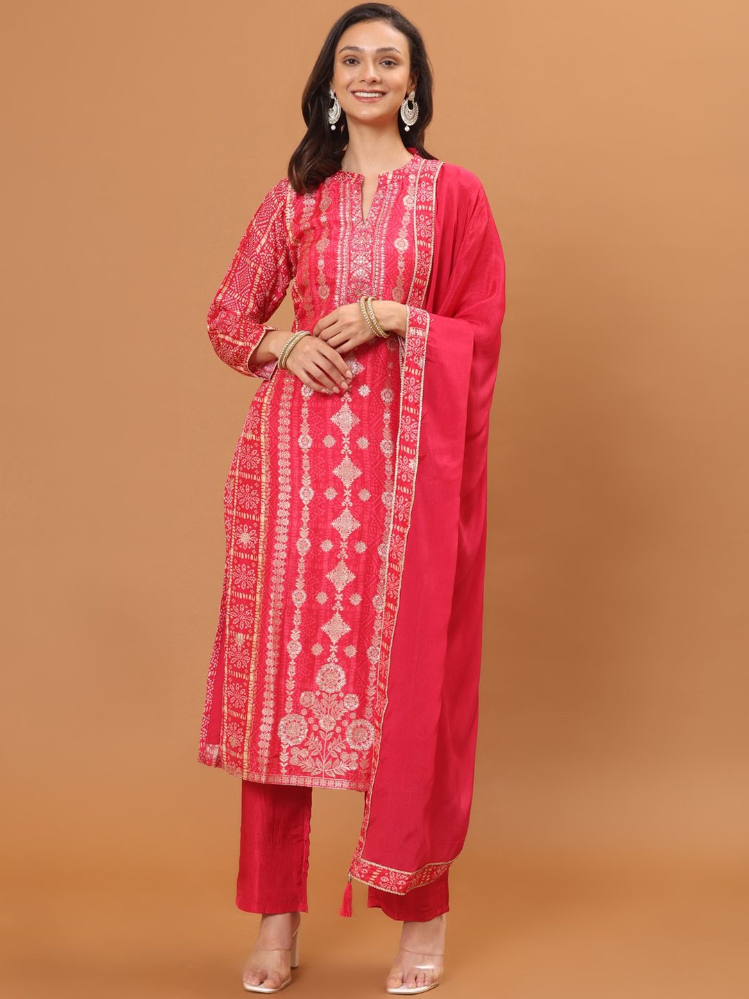 

Meena Bazaar Ethnic Motifs Woven Design Gotta Patti Straight Kurta & Trouser & Dupatta, Pink