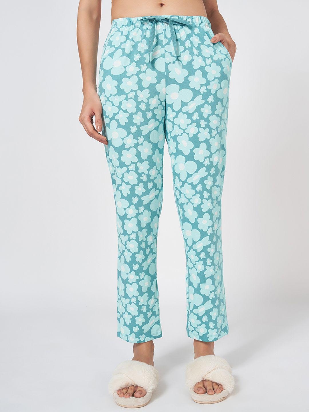 

Dreamz by Pantaloons Women Printed Pure Cotton Lounge Pants, Turquoise blue