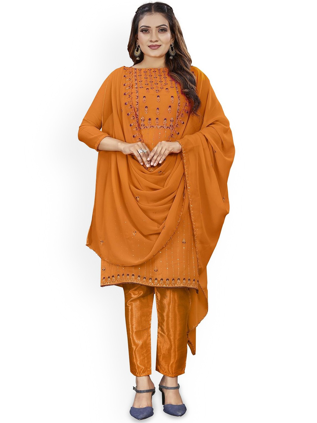 

LADY SHOPI Floral Embellished Sequinned Silk Georgette Unstitched Dress Material, Mustard