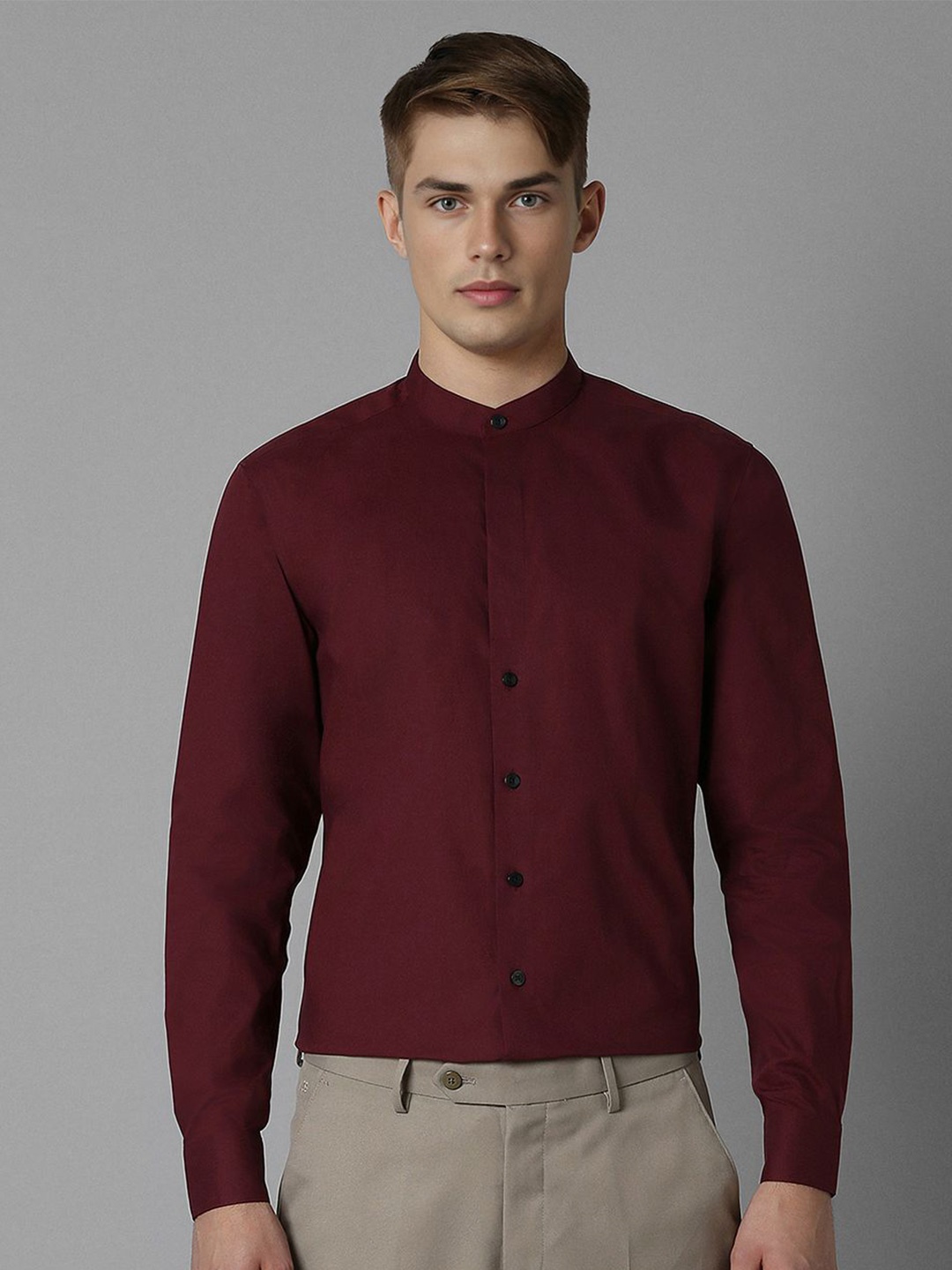 

Louis Philippe Men Band Collar Solid Cotton Slim Fit Formal Shirt, Maroon