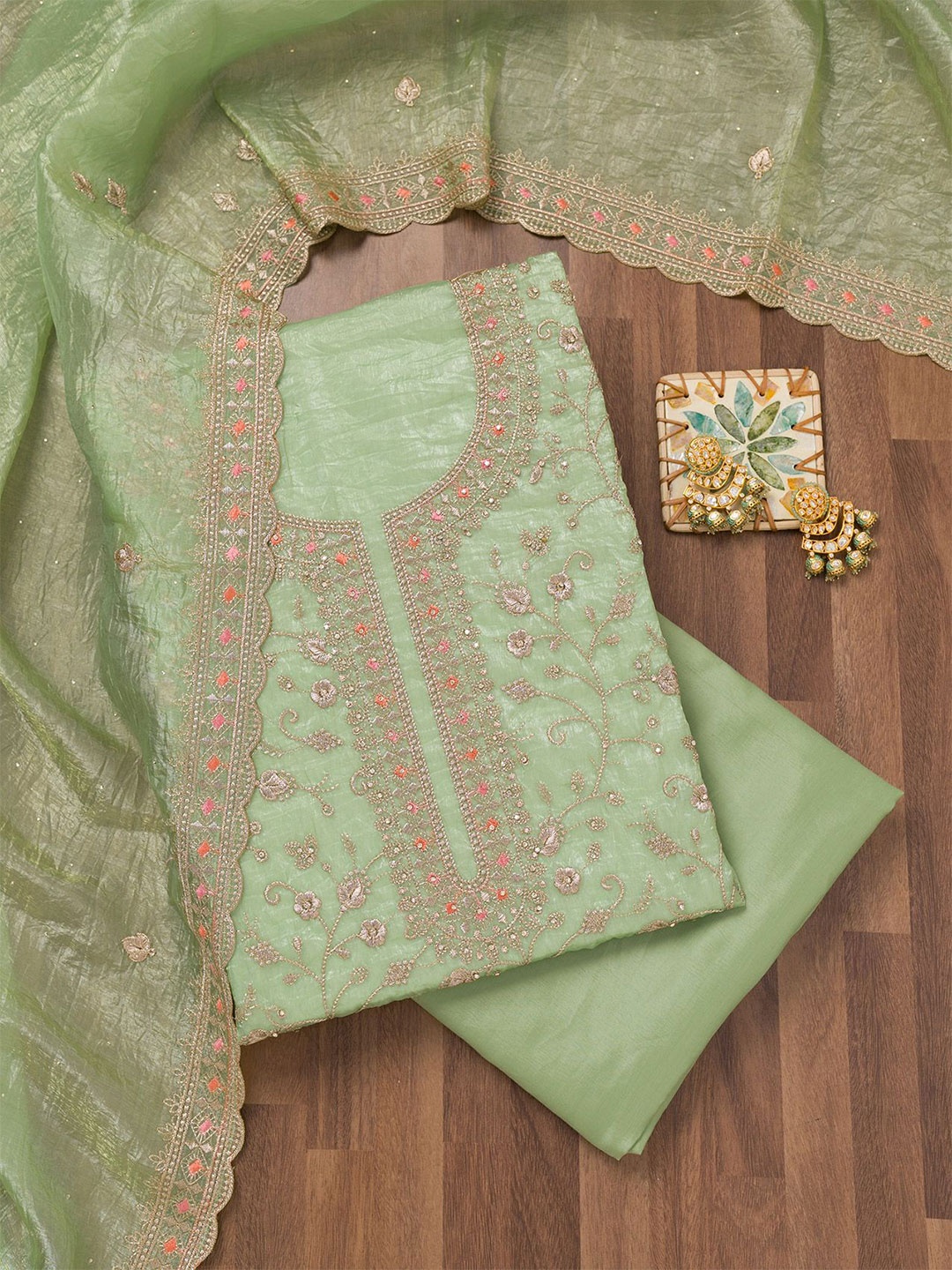 

Koskii Floral Embroidered Beads and Stones Unstitched Dress Material, Green