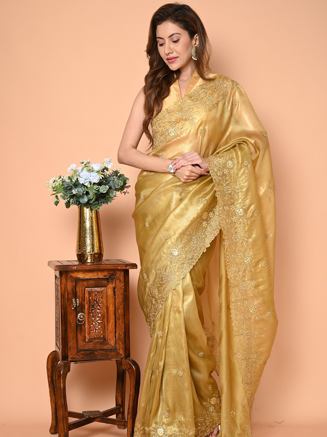 

BEATITUDE Floral Embroidered Tissue Saree, Gold