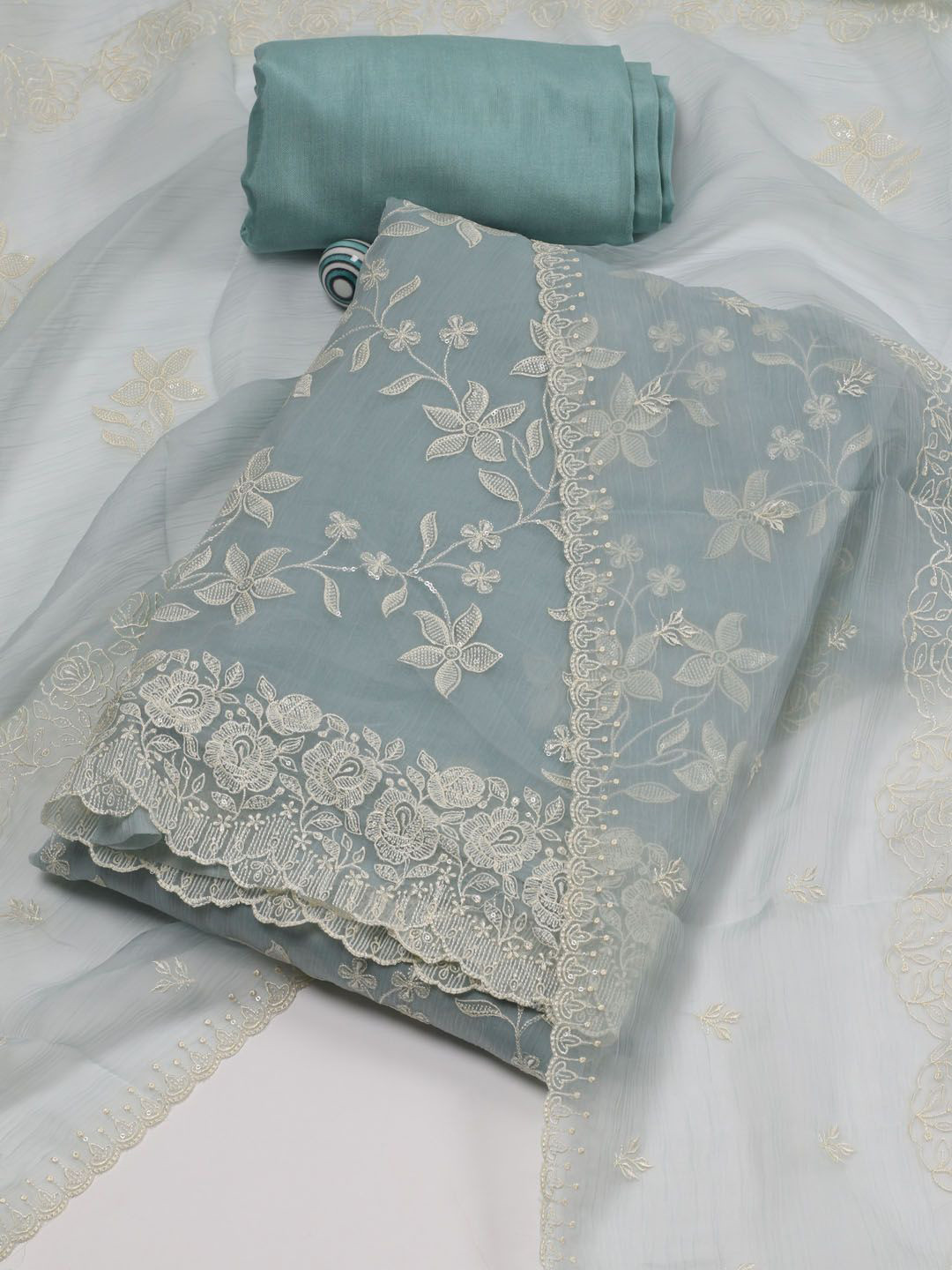 

Meena Bazaar Floral Embroidered Unstitched Dress Material, Sea green