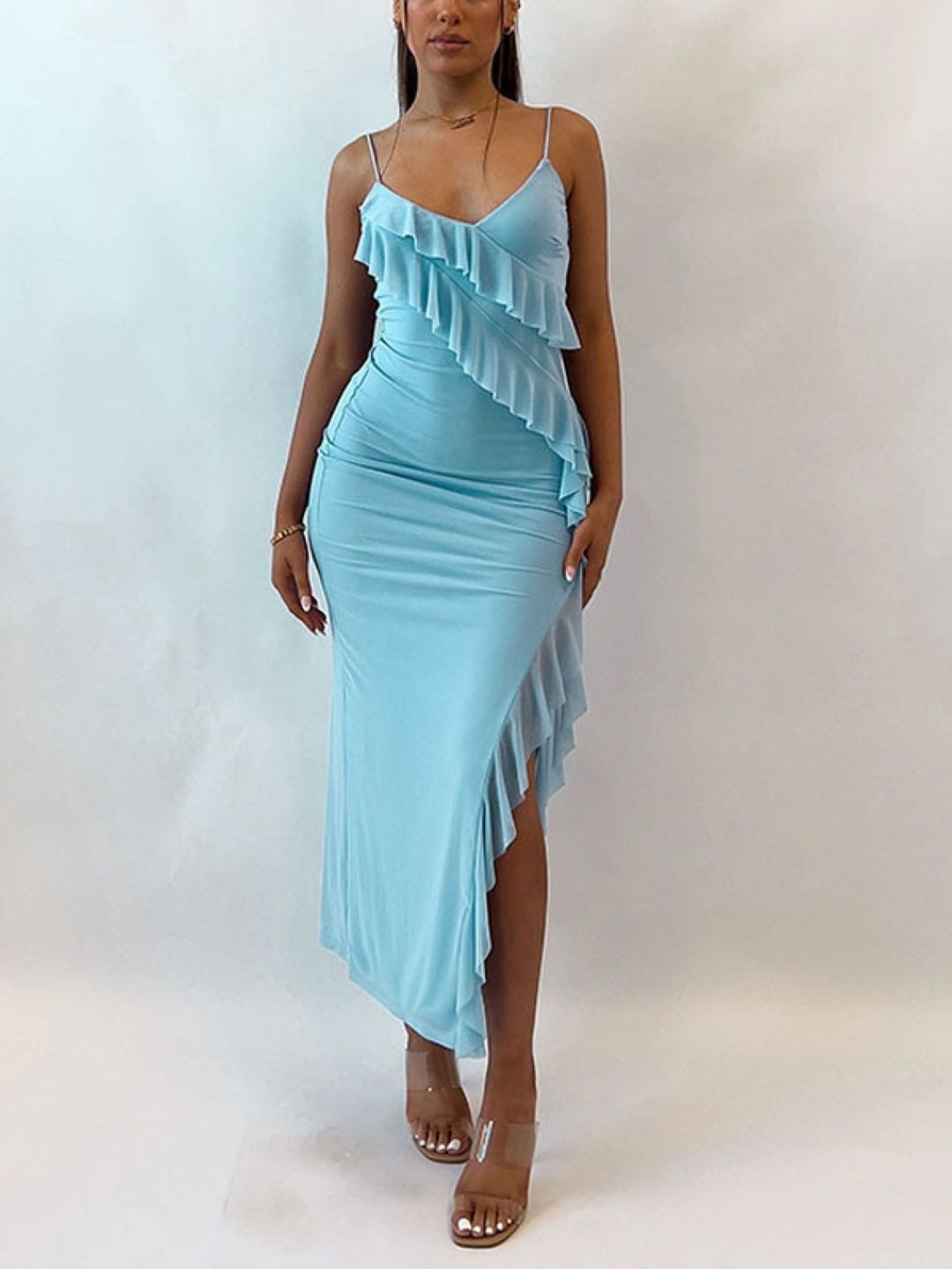 

KPOP Women Shoulder Straps Solid Sleeveless Bodycon Maxi Dress, Blue