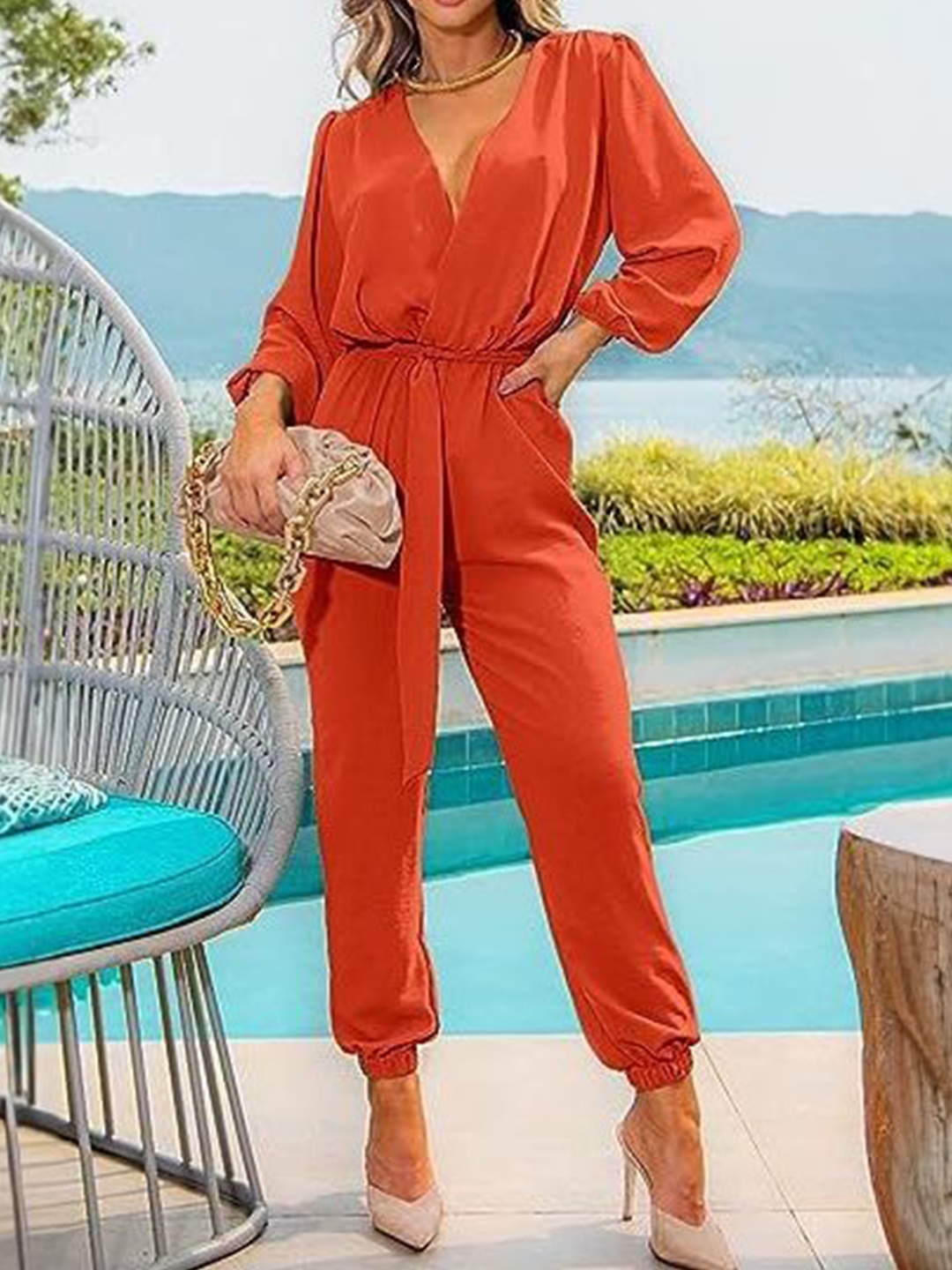 

KPOP Waist Tie-Ups Basic Jumpsuit, Orange