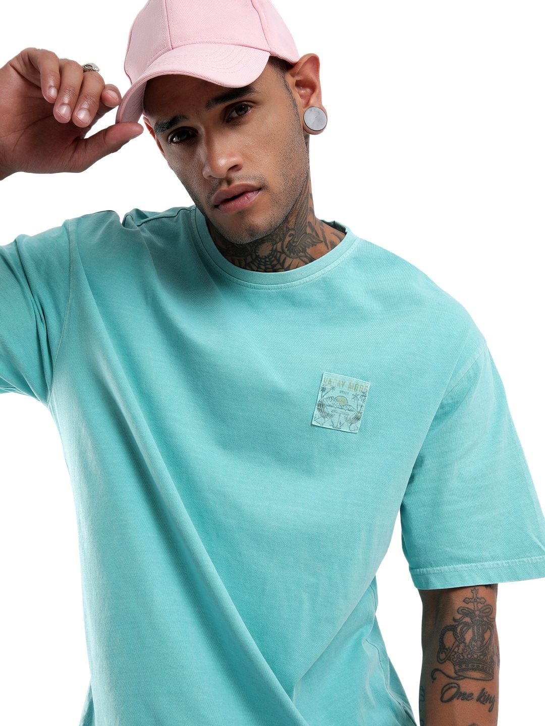 

WROGN Men Solid Round Neck Pure Cotton Oversized T-shirt, Blue