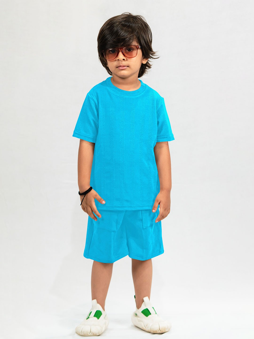 

Emblica Unisex Kids Self Design Round Neck Short Sleeves Casual T-shirt With Shorts, Blue
