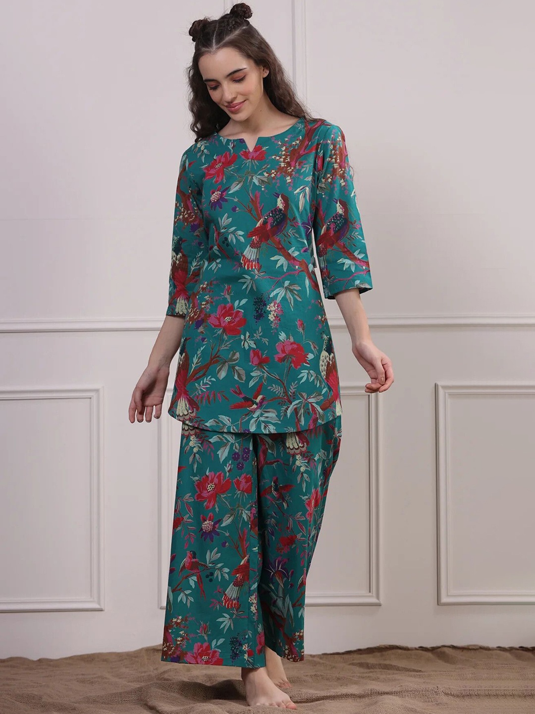 

NIJANAND TEXTILE Printed Pure Cotton Tunic & Trouser Co-Ords, Green