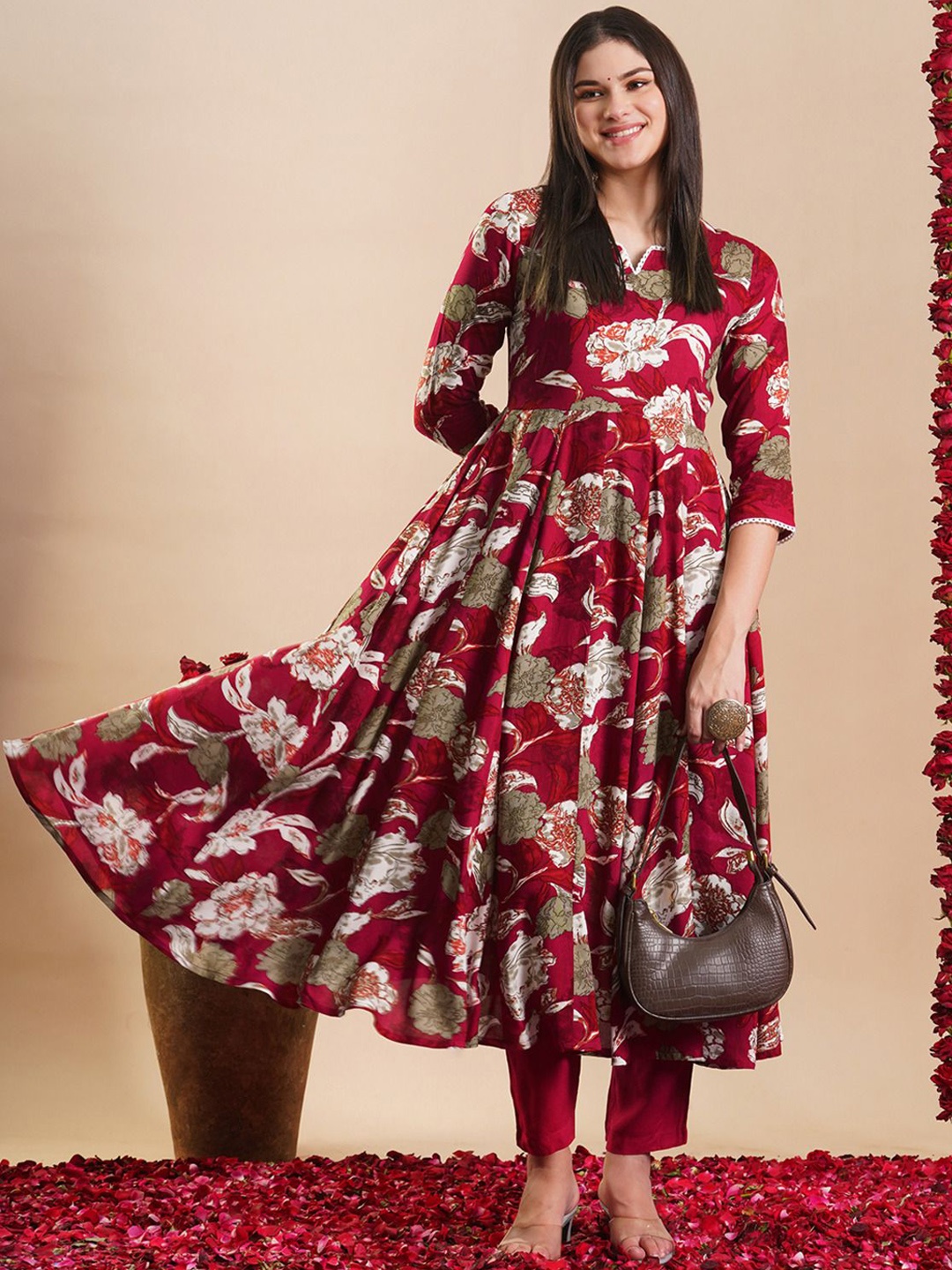 

KALINI Floral Printed Regular Anarkali Kurta with Trousers, Maroon