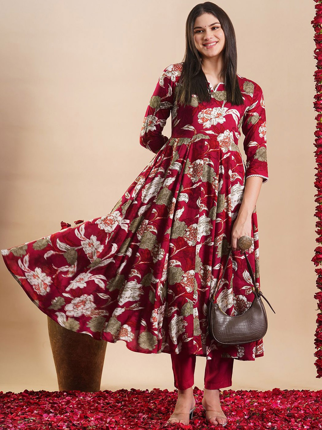 

KALINI Floral Printed Empire Anarkali Kurta With Trouser, Pink