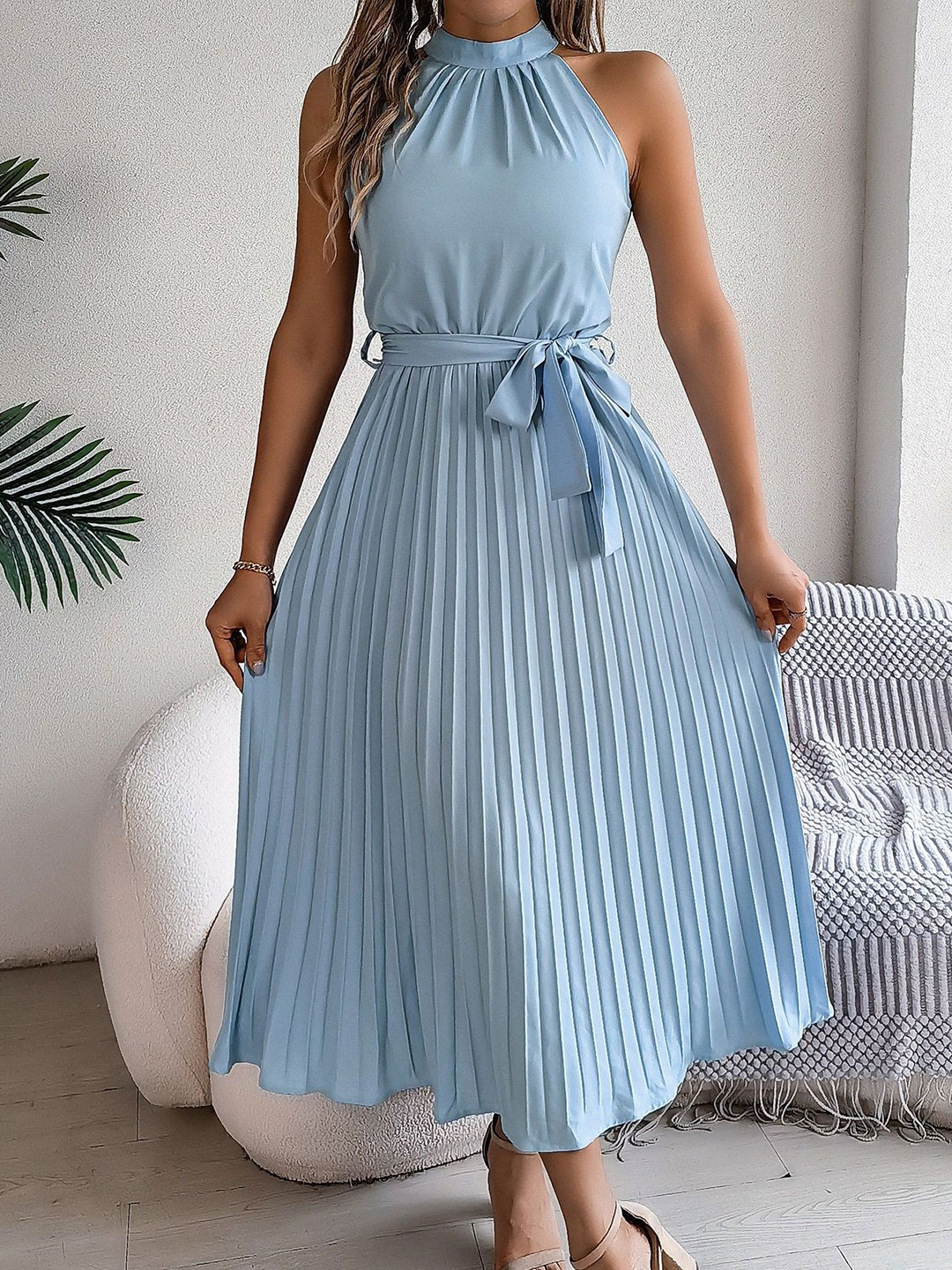 

HERE&NOW Halter Neck Striped A-Line Midi Dress With Tie-up Detailing, Blue