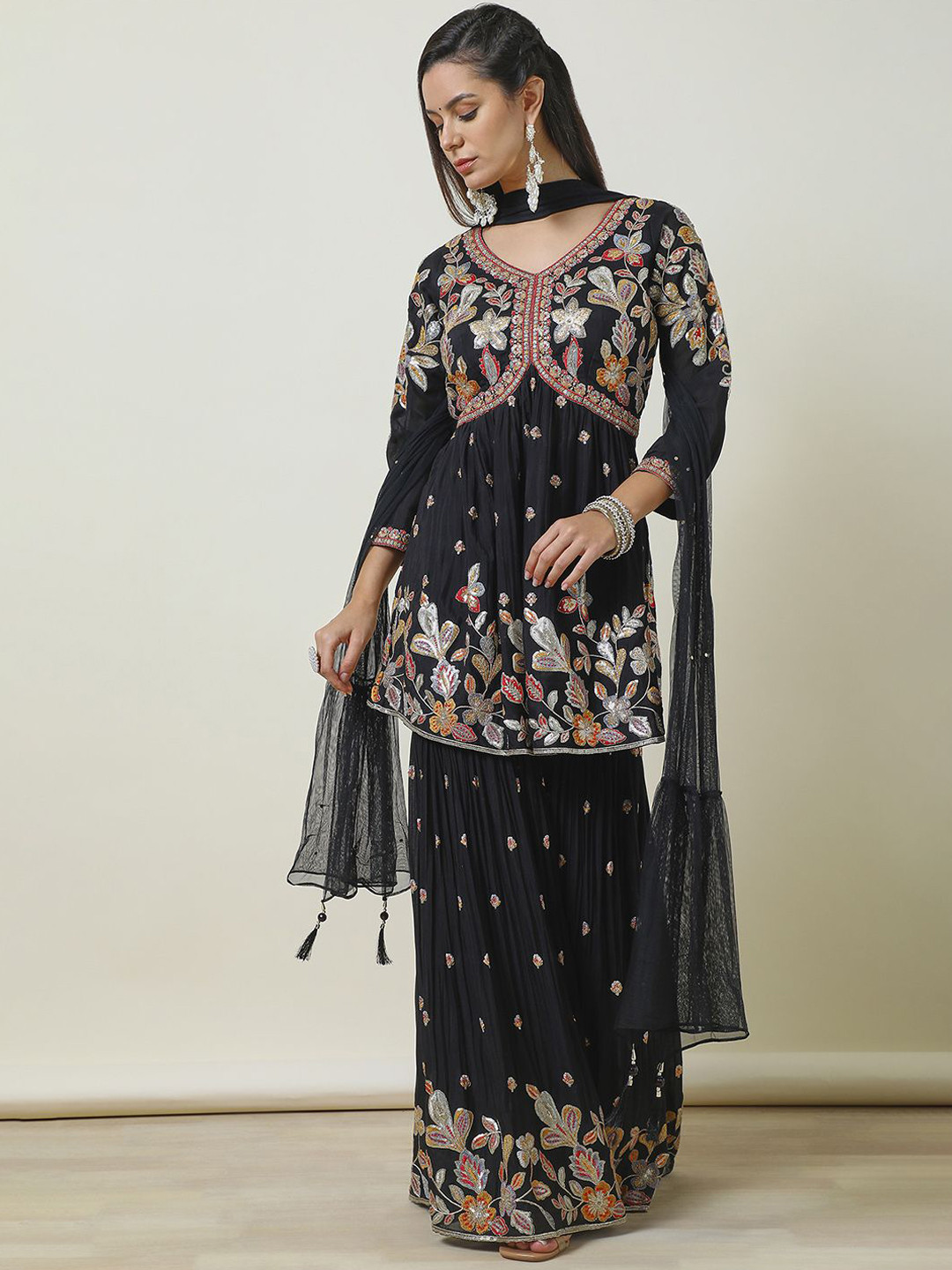 

Soch Floral Embroidered Empire Sequinned Anarkali Kurti with Sharara & Dupatta, Black