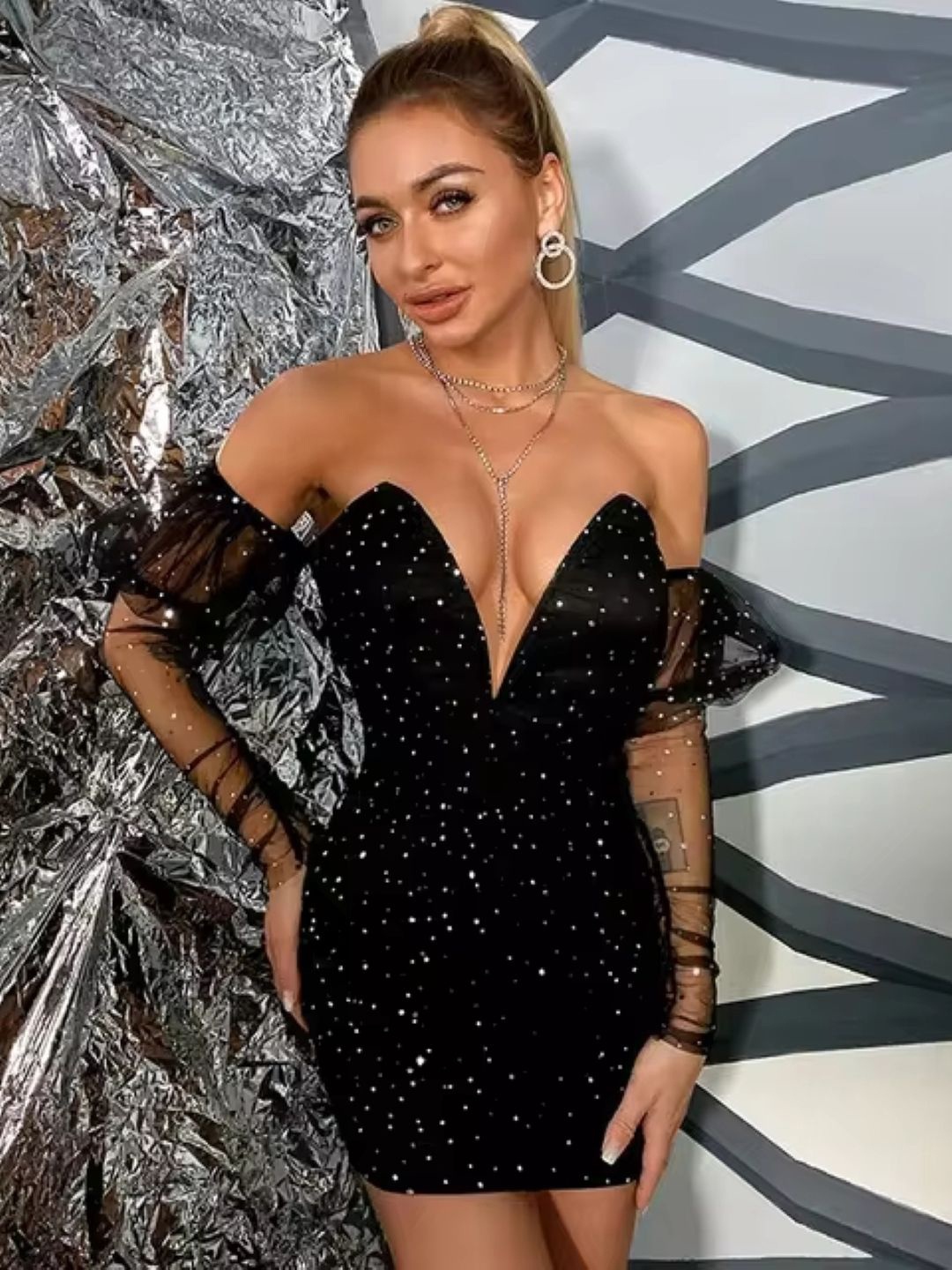 

KPOP Women Off-Shoulder Solid Long Sleeves Bodycon Dress, Black