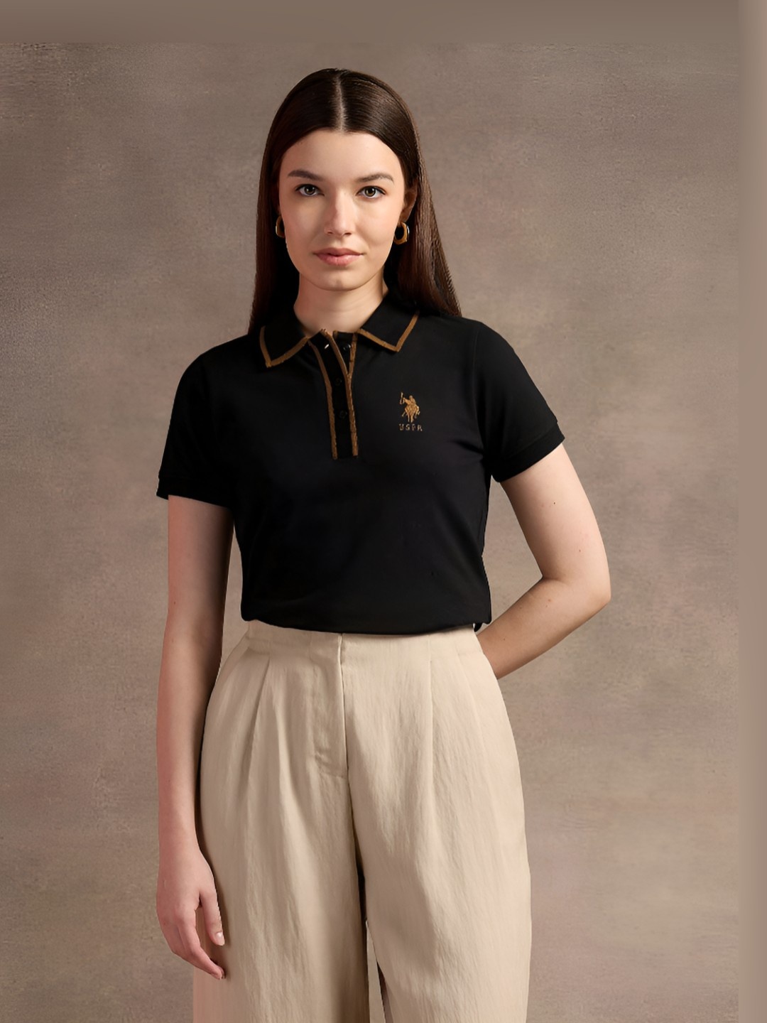 

U.S. Polo Assn. Women Brand Logo Printed Polo Collar Cotton T-shirt, Black