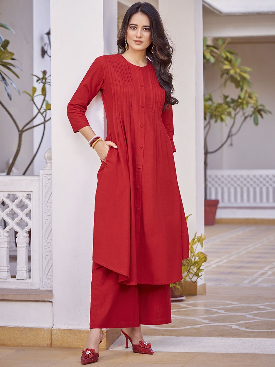 

HRITIKA Pleated Pure Cotton A-Line Kurta with Trousers, Red