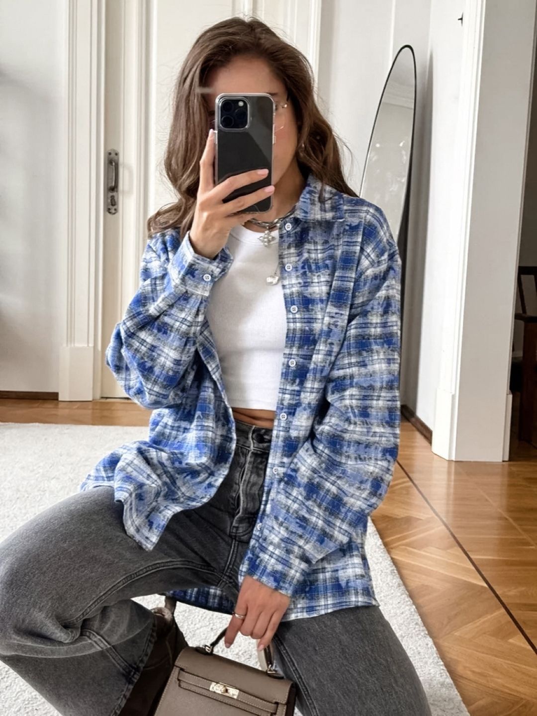 

KPOP Women Checked Shirt Collar Cotton Top, Blue