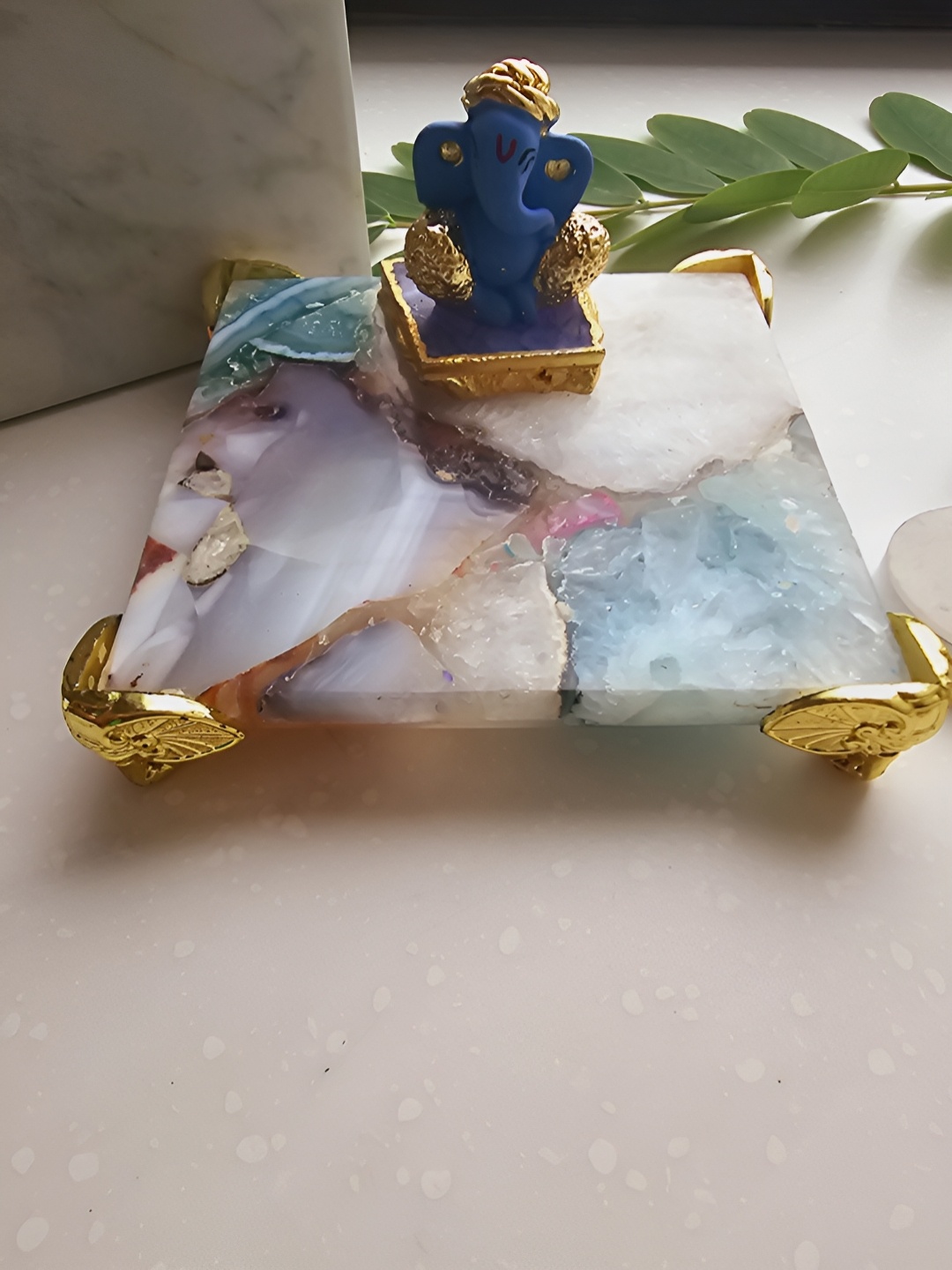 

HOMEARTE Blue & White Ganesha Idol With Agate Chowki