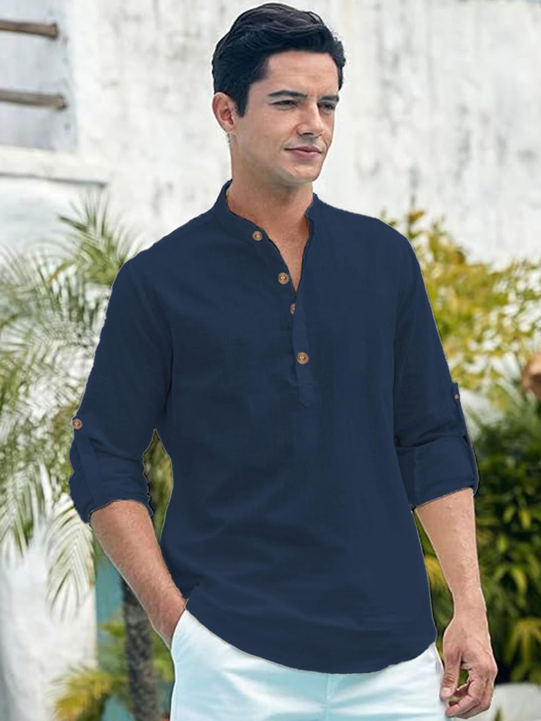 

Vida Loca Band Collar Pure Cotton Short Kurta, Navy blue