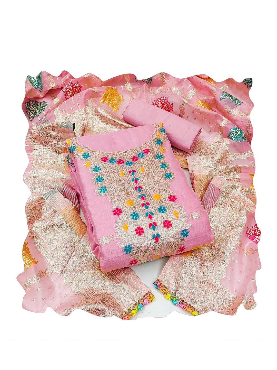 

Ishin Pink Ethnic Motifs Woven Design Zari Organza Unstitched Dress Material