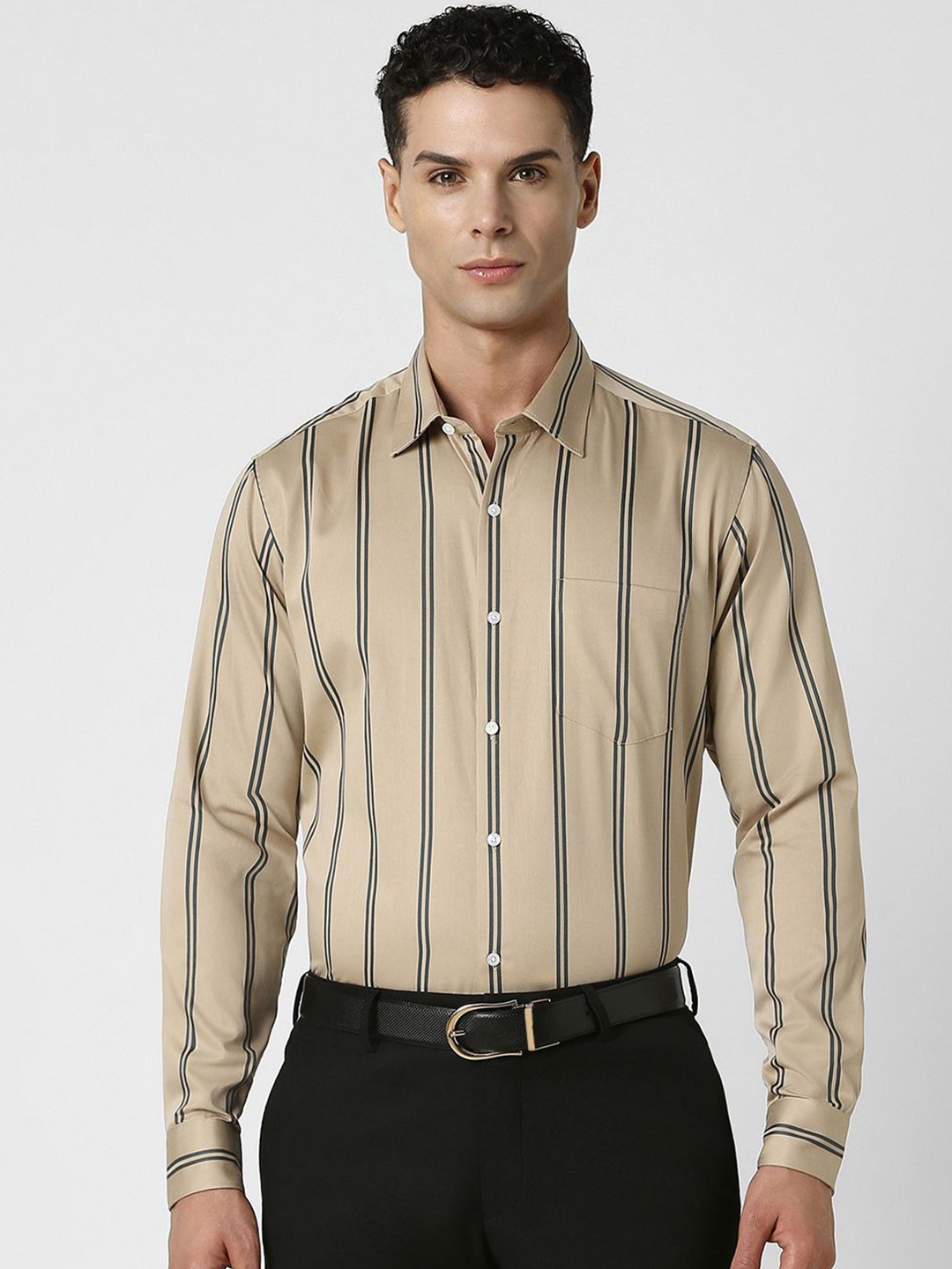 

Van Heusen Men Spread Collar Vertical Striped Cotton Party Shirt, Beige
