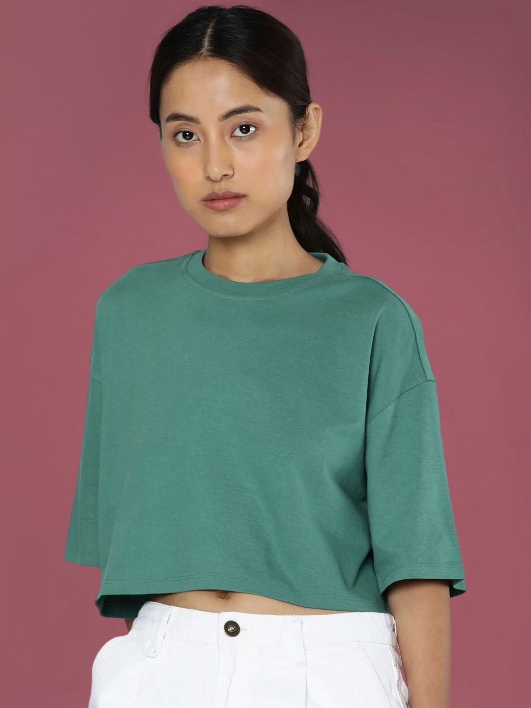 

DressBerry Women Solid Round Neck Cotton Boxy T-shirt, Green