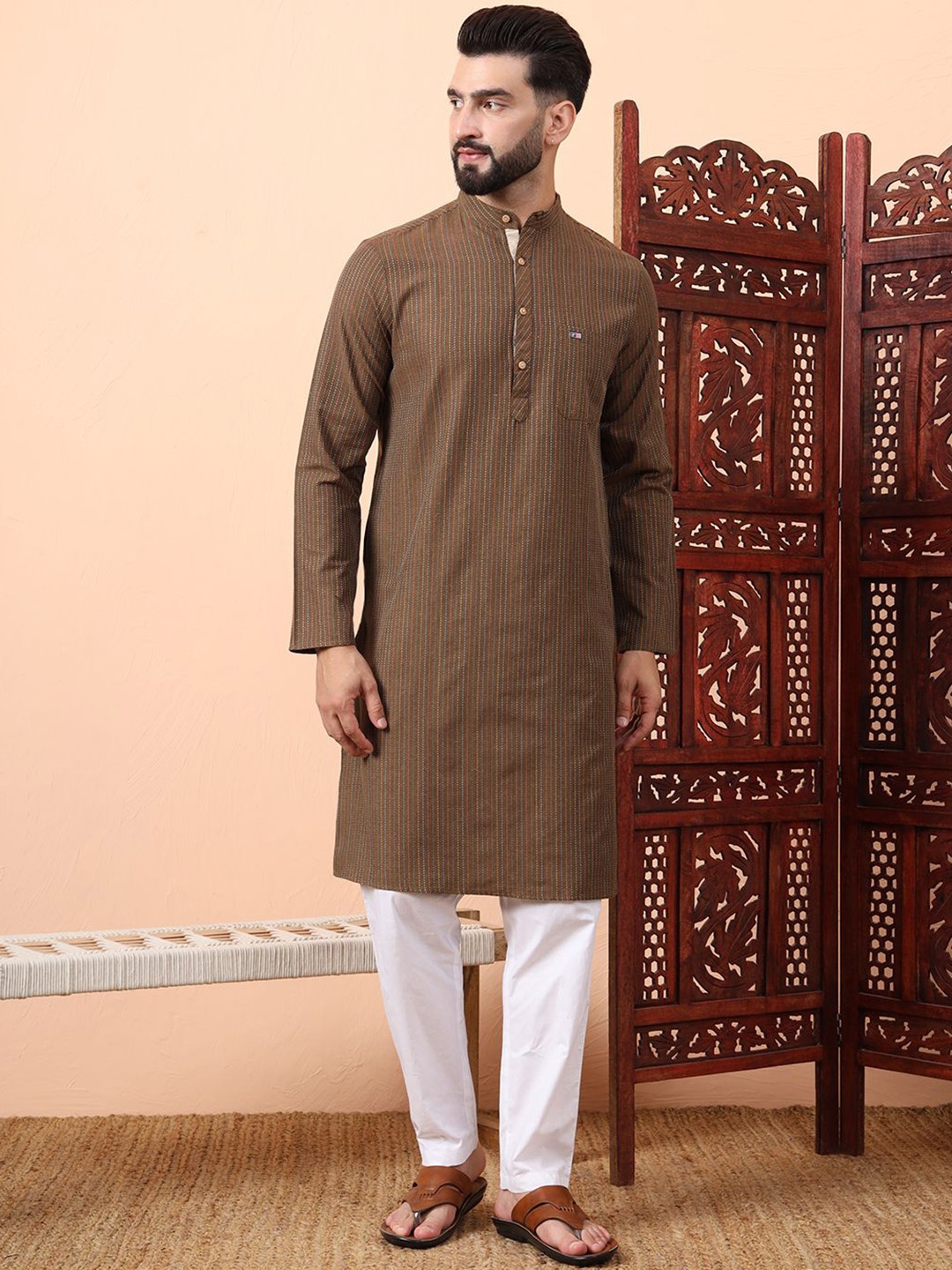 

Latest Chikan Garments Striped Woven Design Mandarin Collar Straight Kurta, Brown