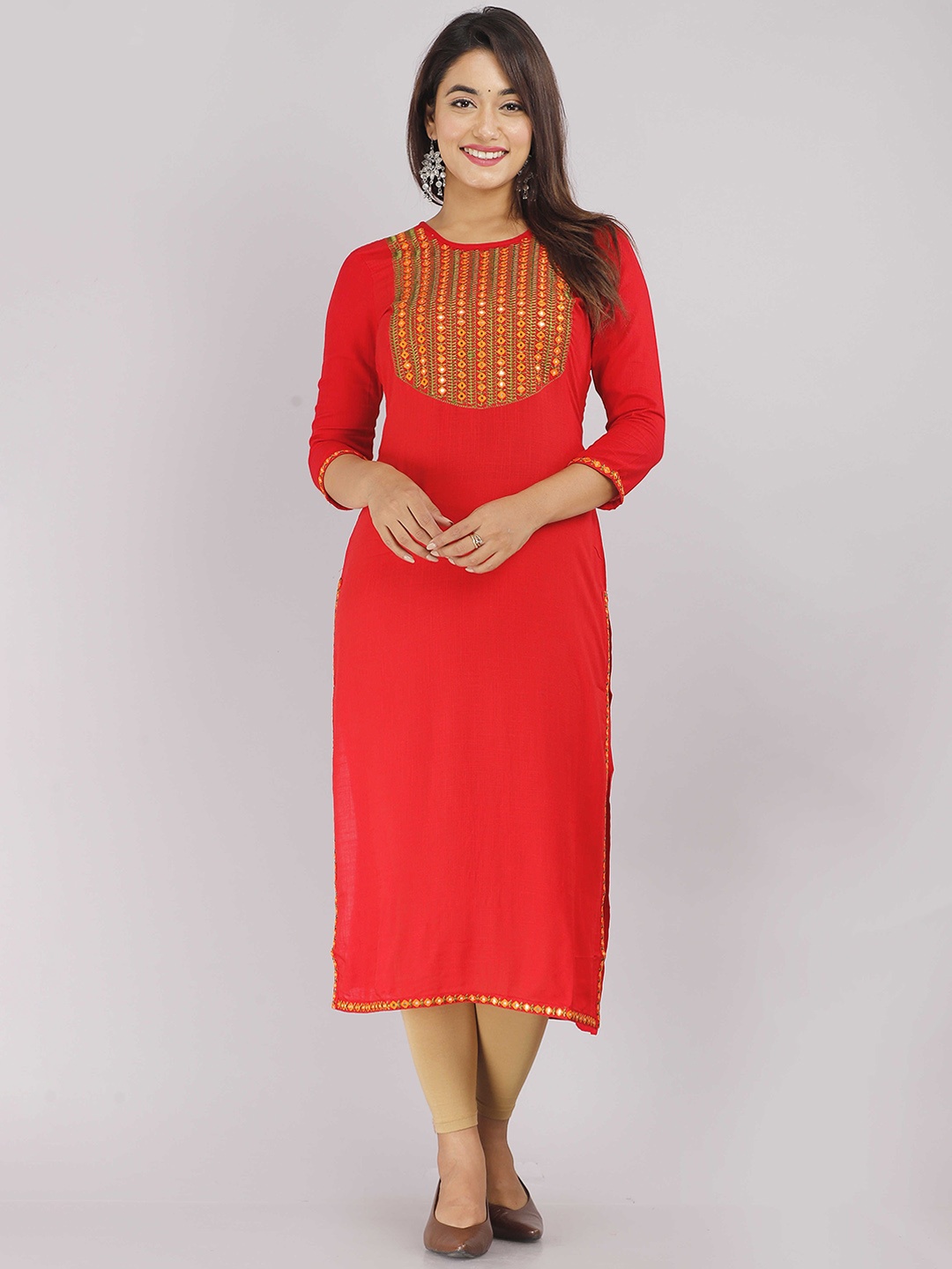 

STYLE ANGEL Embroidered Yoke Design Mirror Work Round Neck Straight Kurta, Red