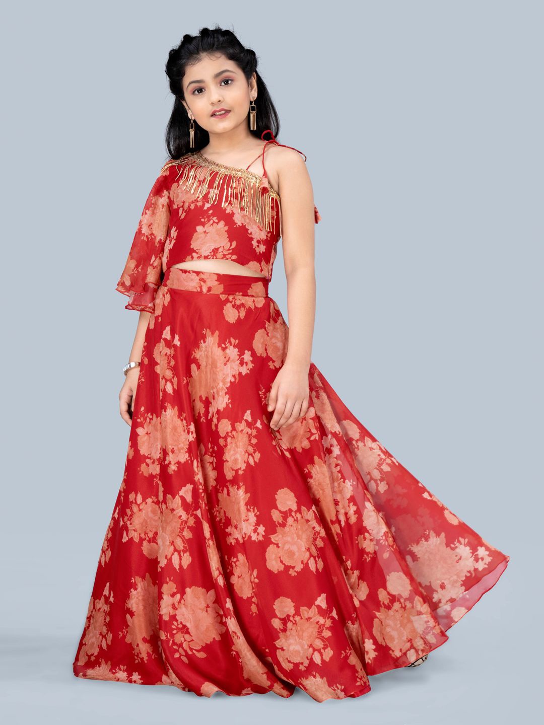 

BAESD Girls Printed One Shoulder Ready to Wear Lehenga & Blouse, Red