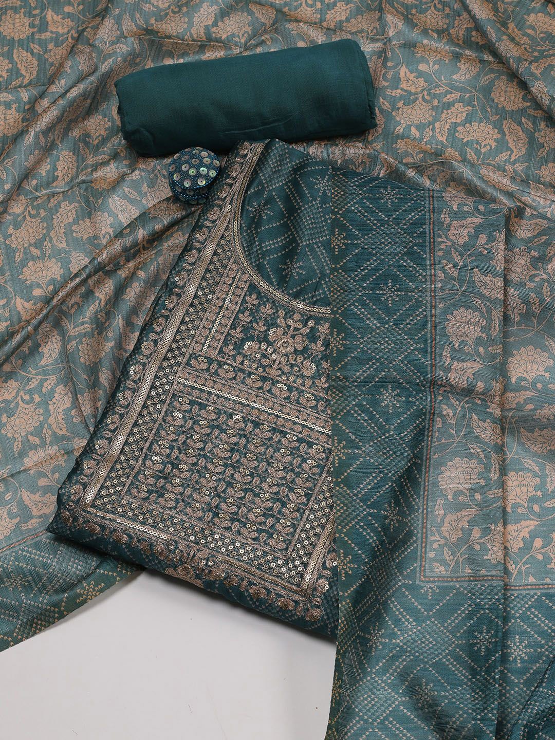 

Meena Bazaar Ethnic Motifs Printed Art Silk Unstitched Dress Material, Teal