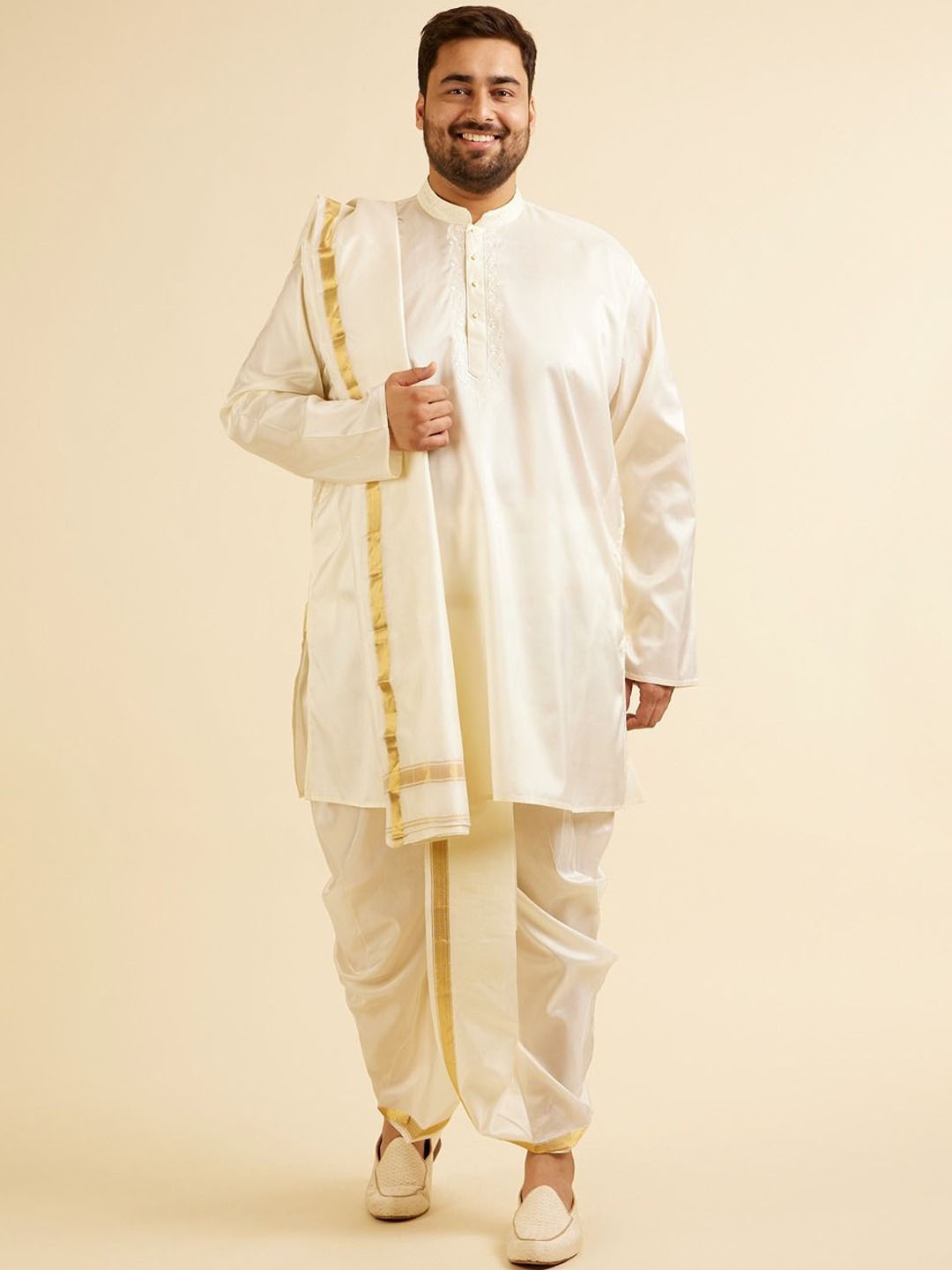 

Manyavar Plus Size Floral Embroidered Kurta with Dhoti Pants & Dupatta, Cream