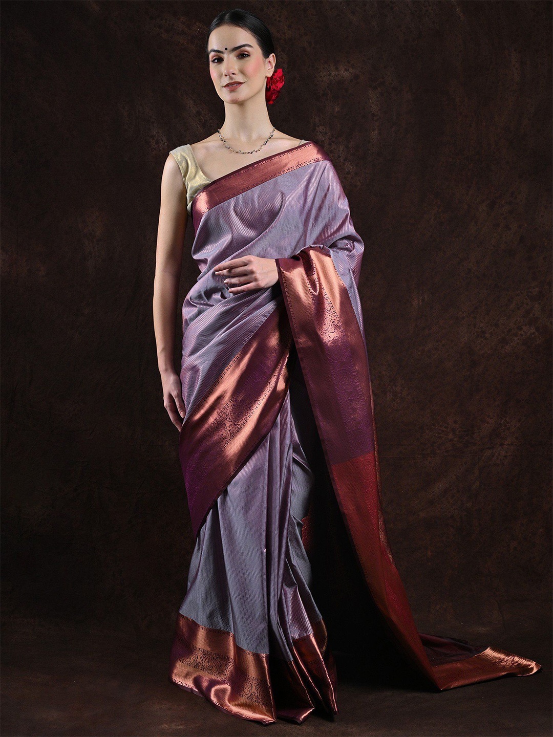 

Exotic India Ethnic Motifs Woven Design Zari Kanjeevaram Saree, Purple