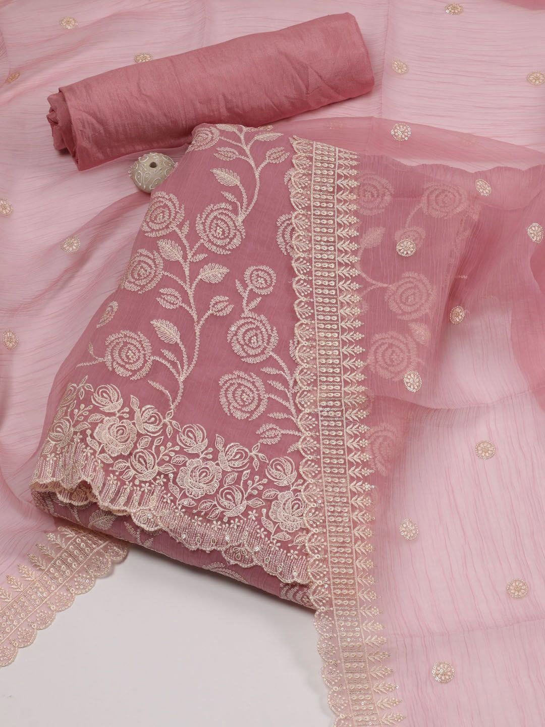 

Meena Bazaar Floral Embroidered Sequinned Detail Unstitched Dress Material, Pink