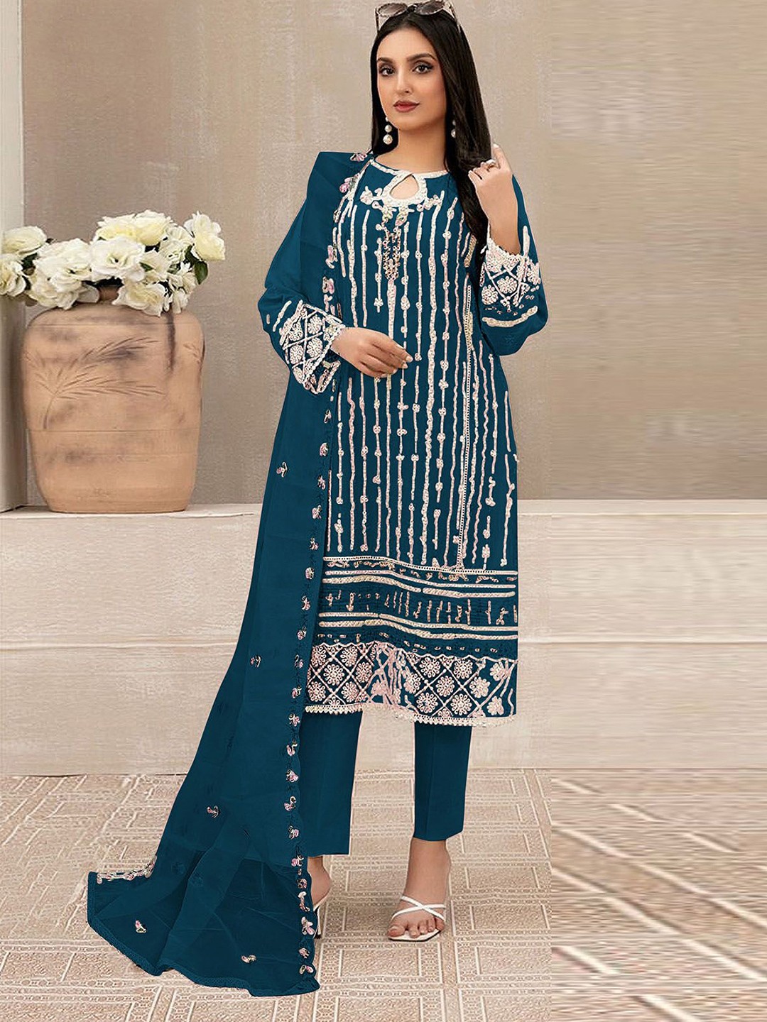 

ODETTE Ethnic Motifs Embroidered Thread Work Kurta with Trousers & Dupatta, Blue