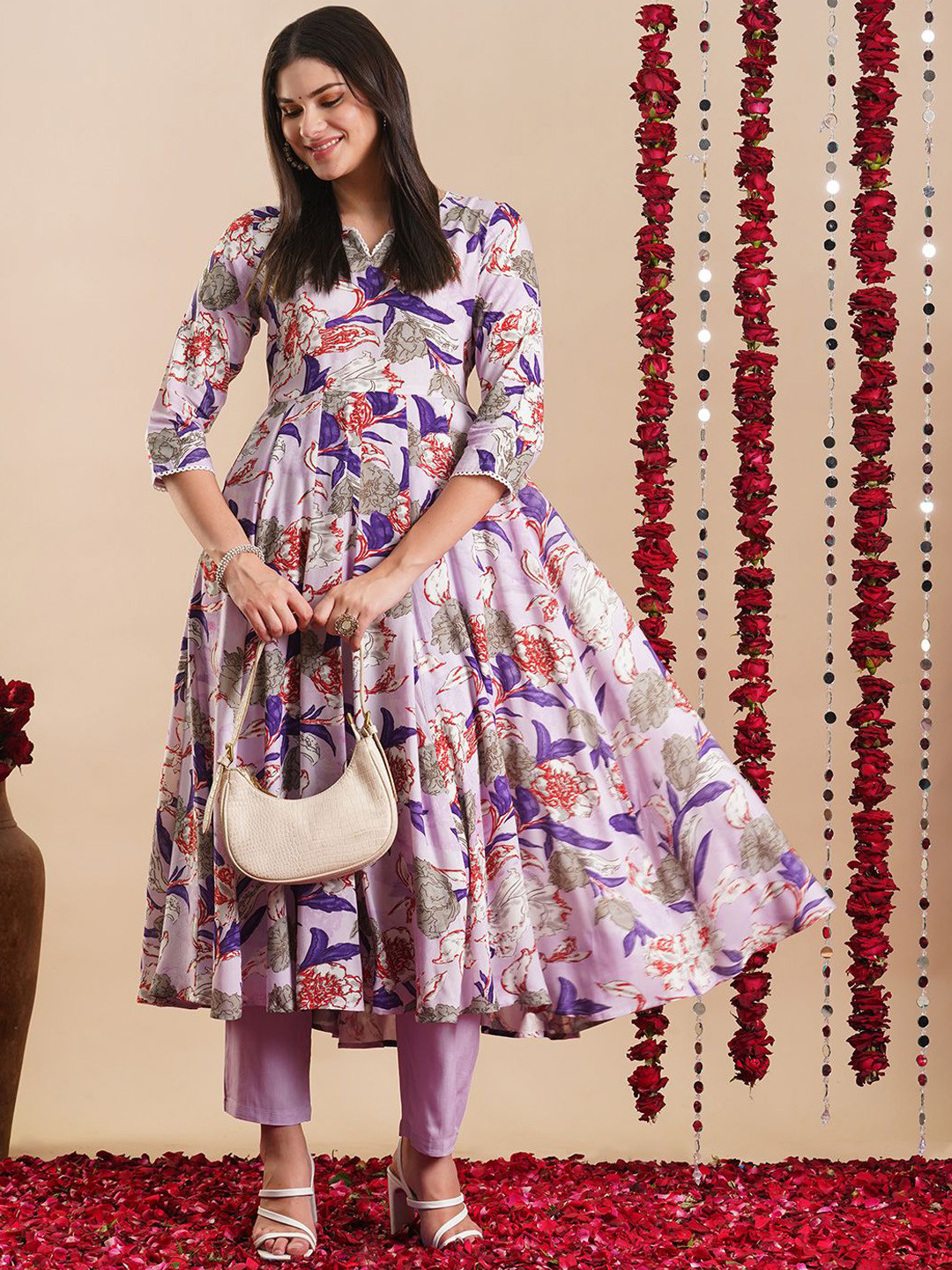 

KALINI Floral Printed Regular Anarkali Kurta with Trousers, Lavender