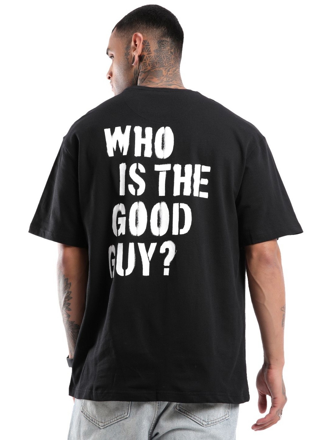 

WROGN Men Typography Printed Round Neck Pure Cotton Oversized T-shirt, Black
